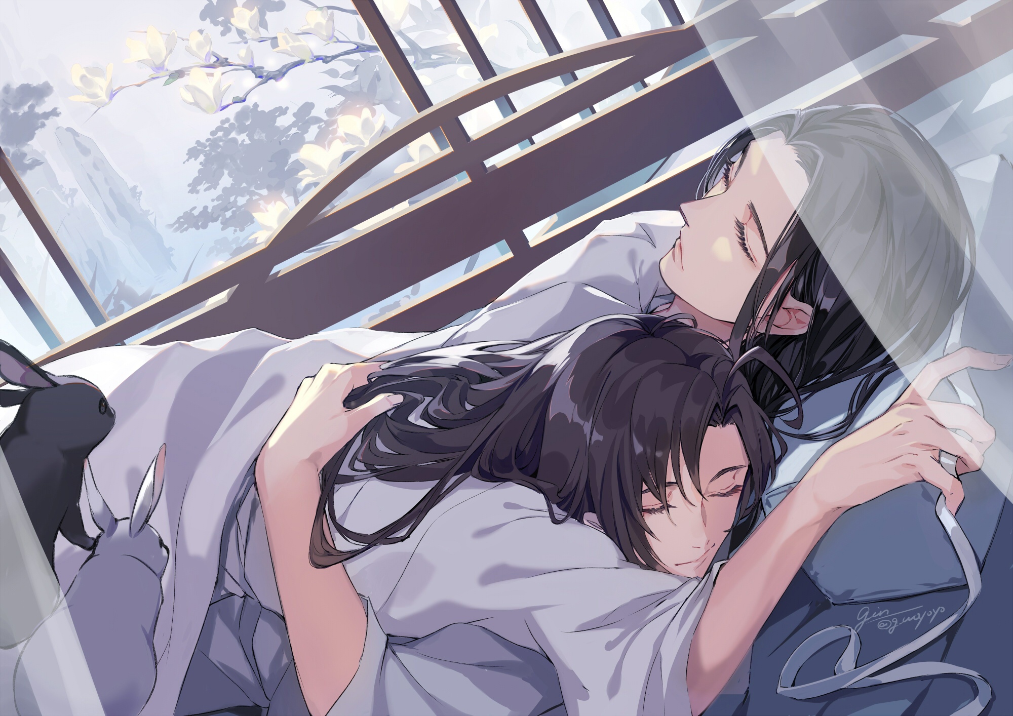 Lan Wangji and Wei Wuxian sleeping peacefully with rabbits HD Wallpaper