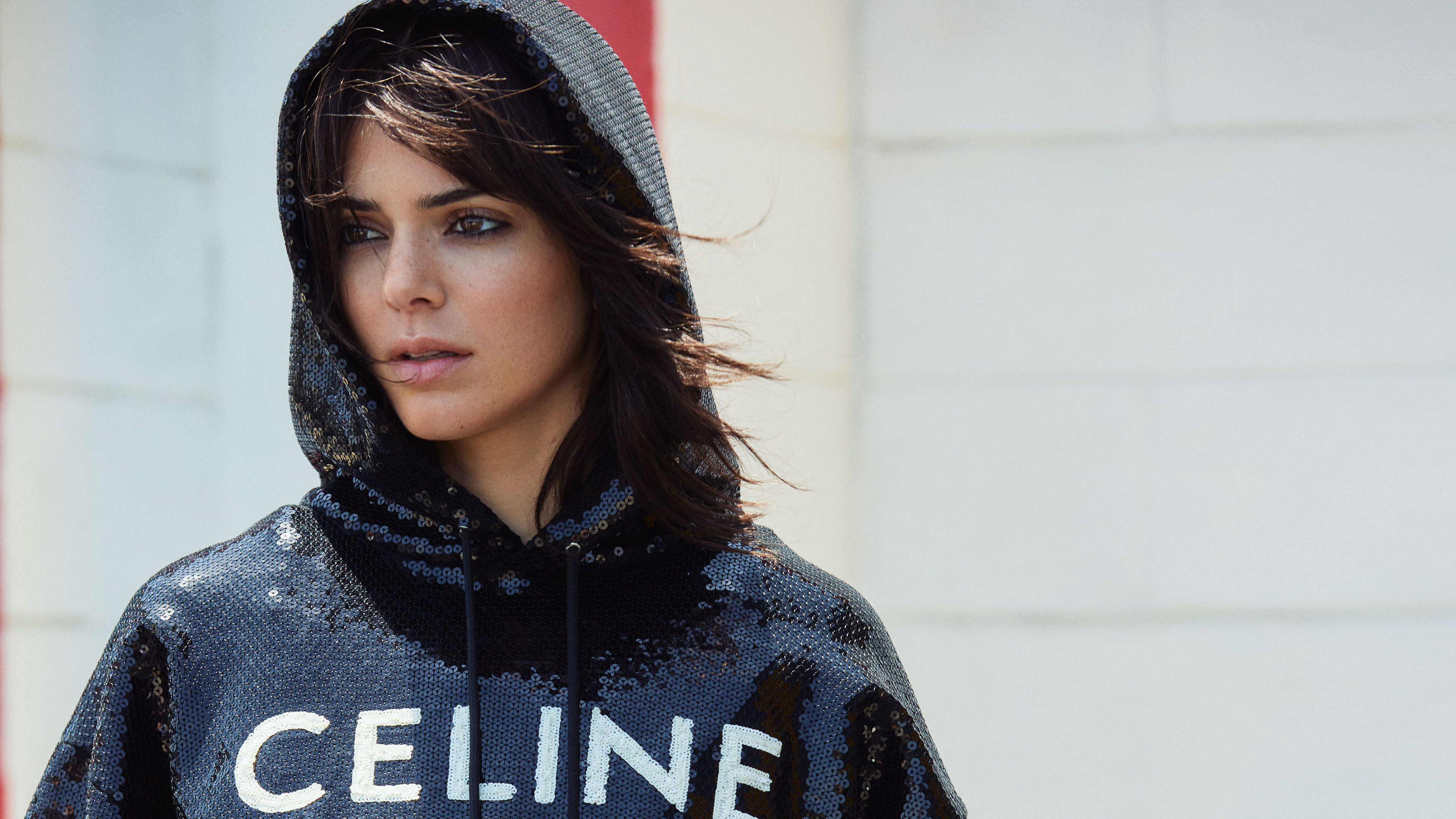 Kendall Jenner in Black Sequin Celine Hoodie 4K HD Wallpaper