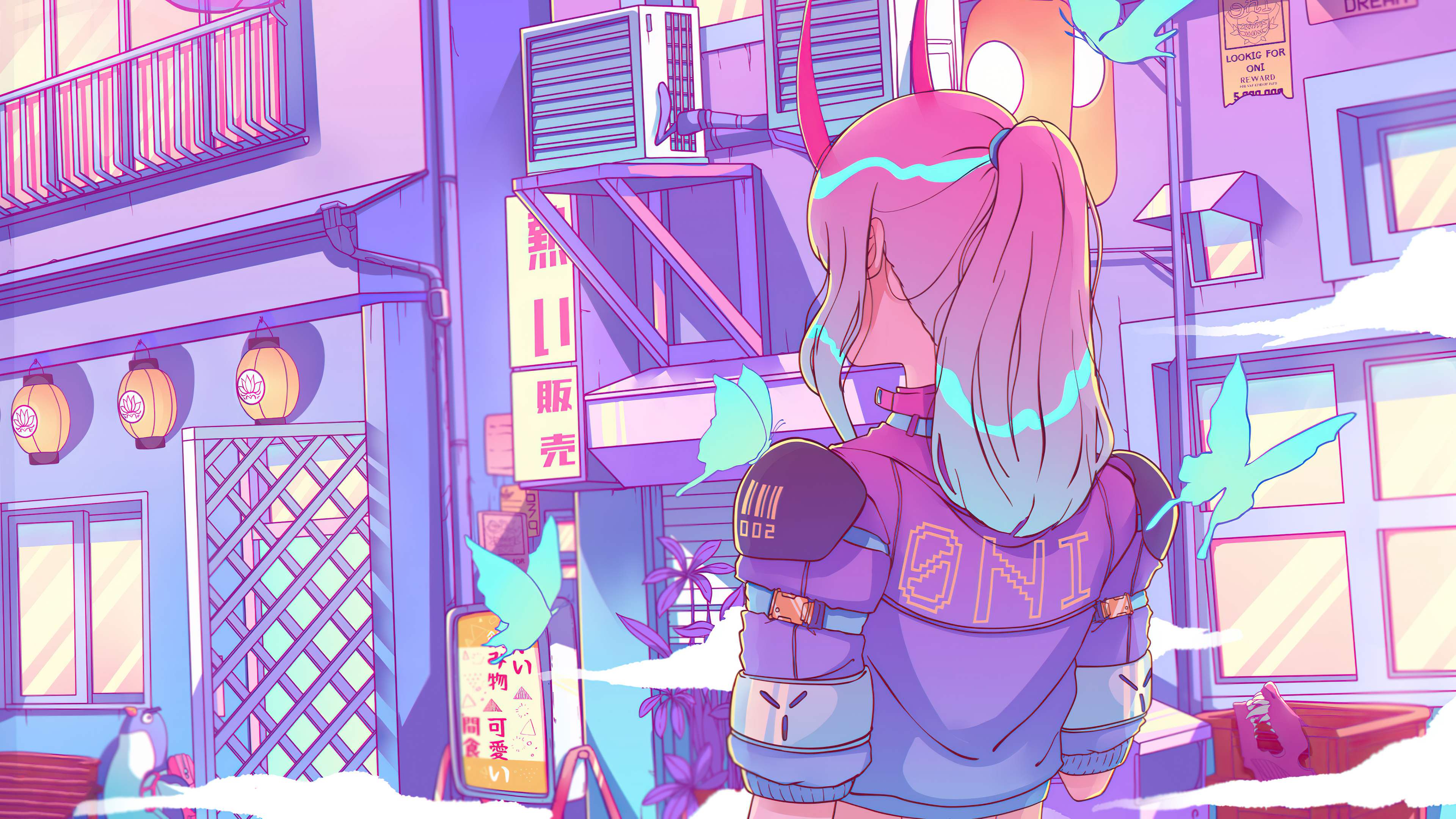 Oni Girl in Purple Synthwave Cityscape HD Wallpaper