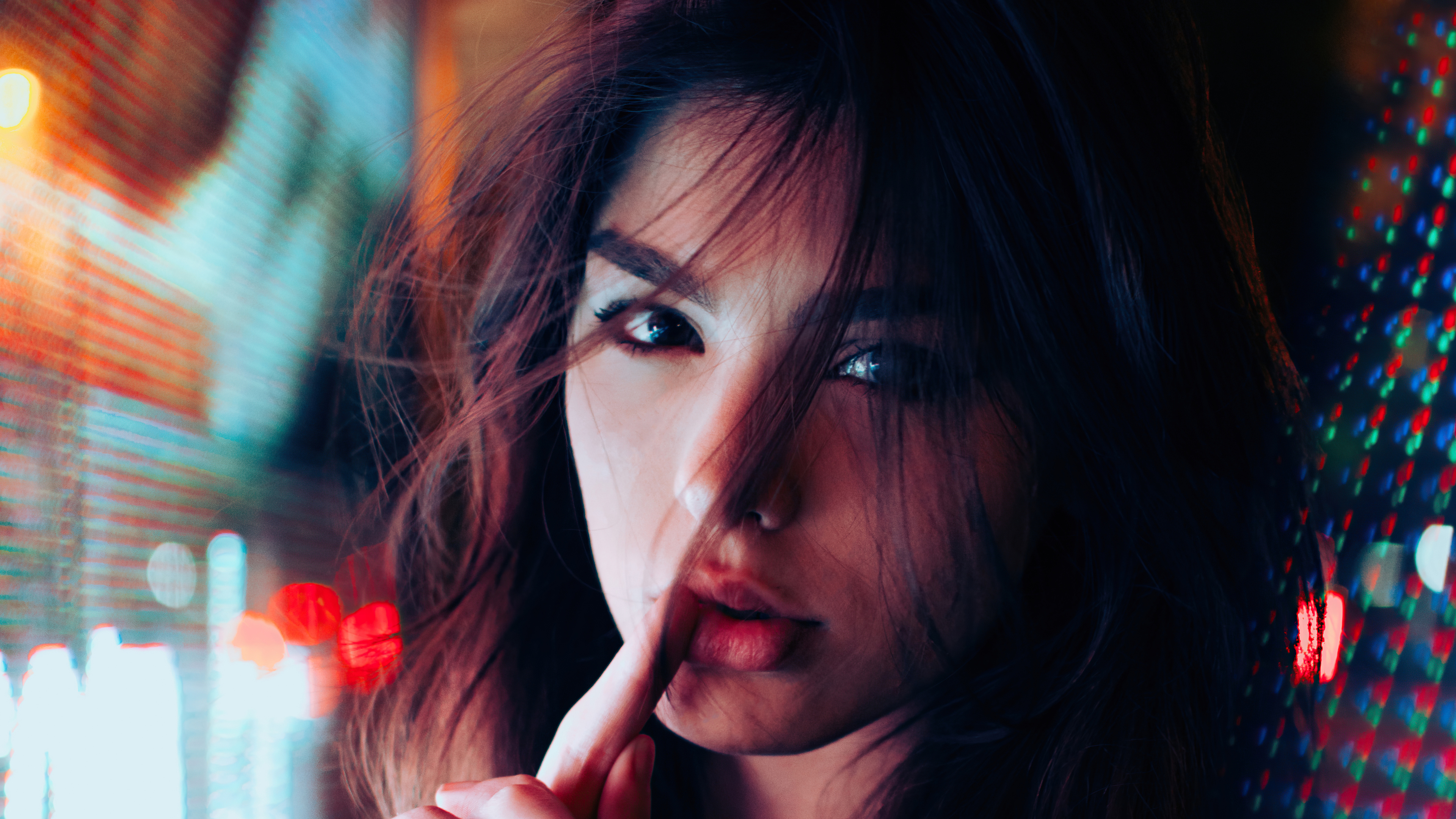 Close-Up Portrait of Woman in Neon Lights 4K HD Wallpaper