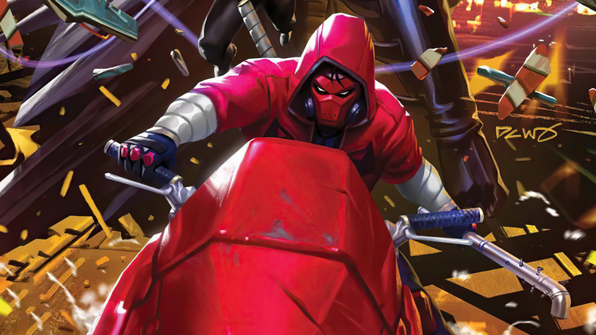 Red Hood riding red motorcycle in action HD Wallpaper
