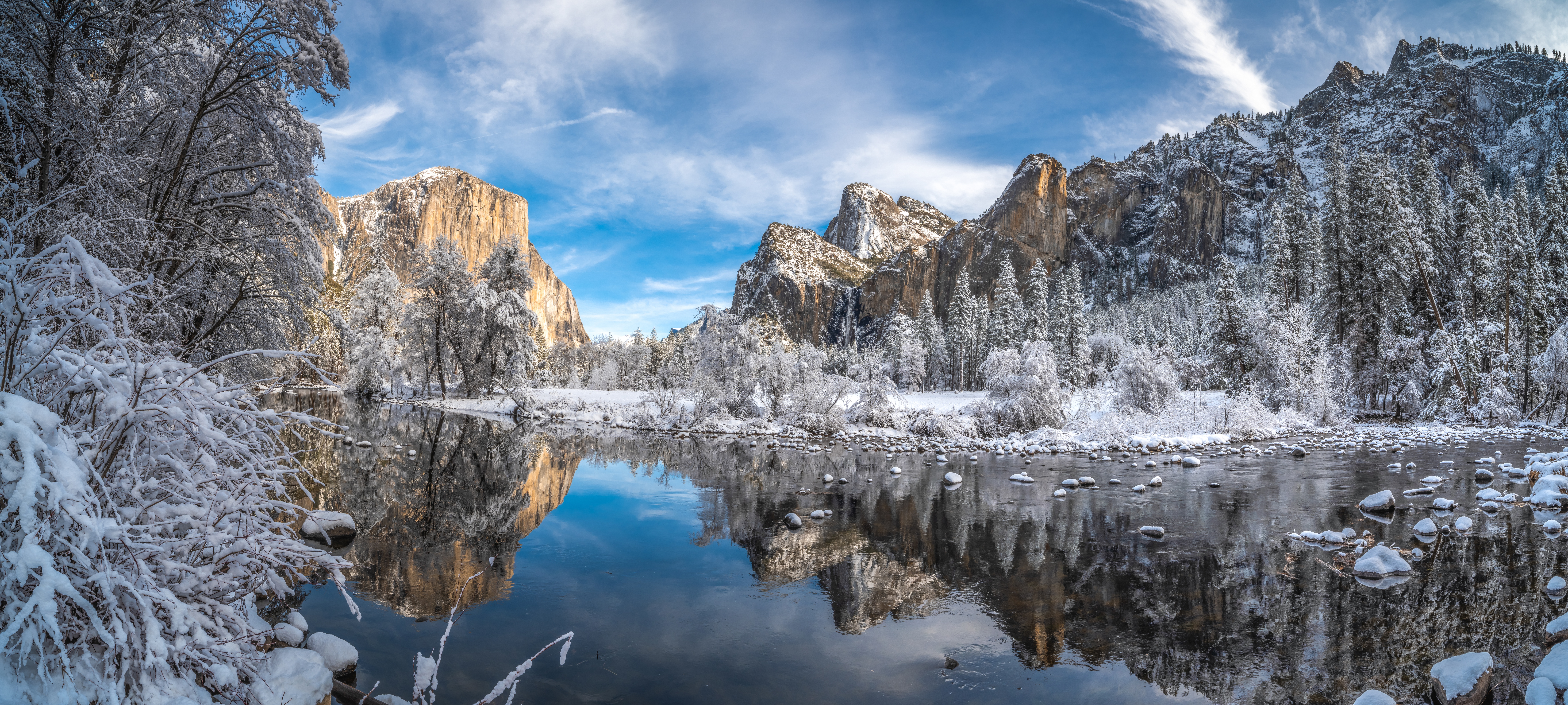 The Merced River Reflecting Snowy Winter Mountains HD Wallpaper