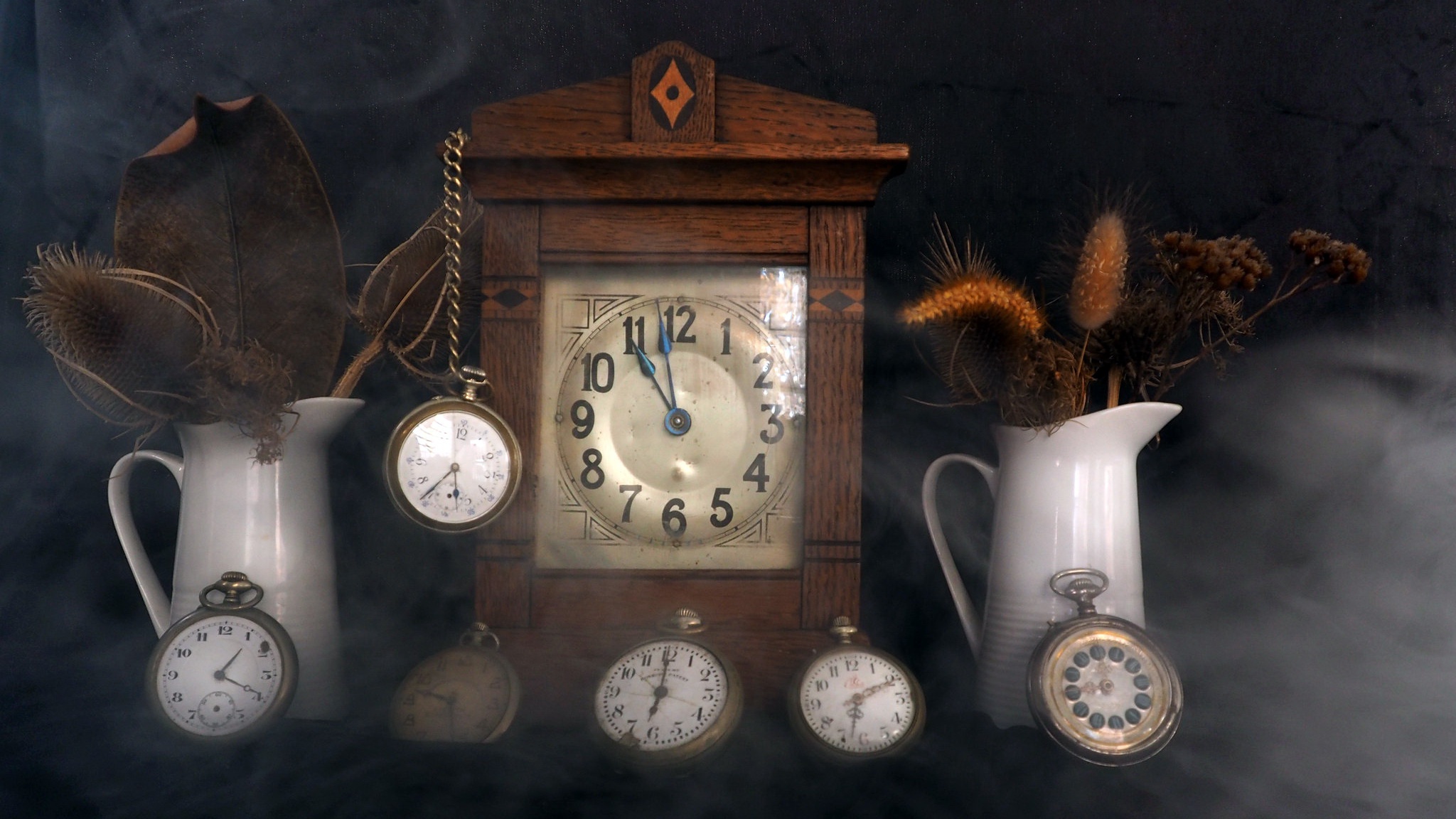 Vintage Clocks and Pocket Watches in Misty Still Life HD Wallpaper