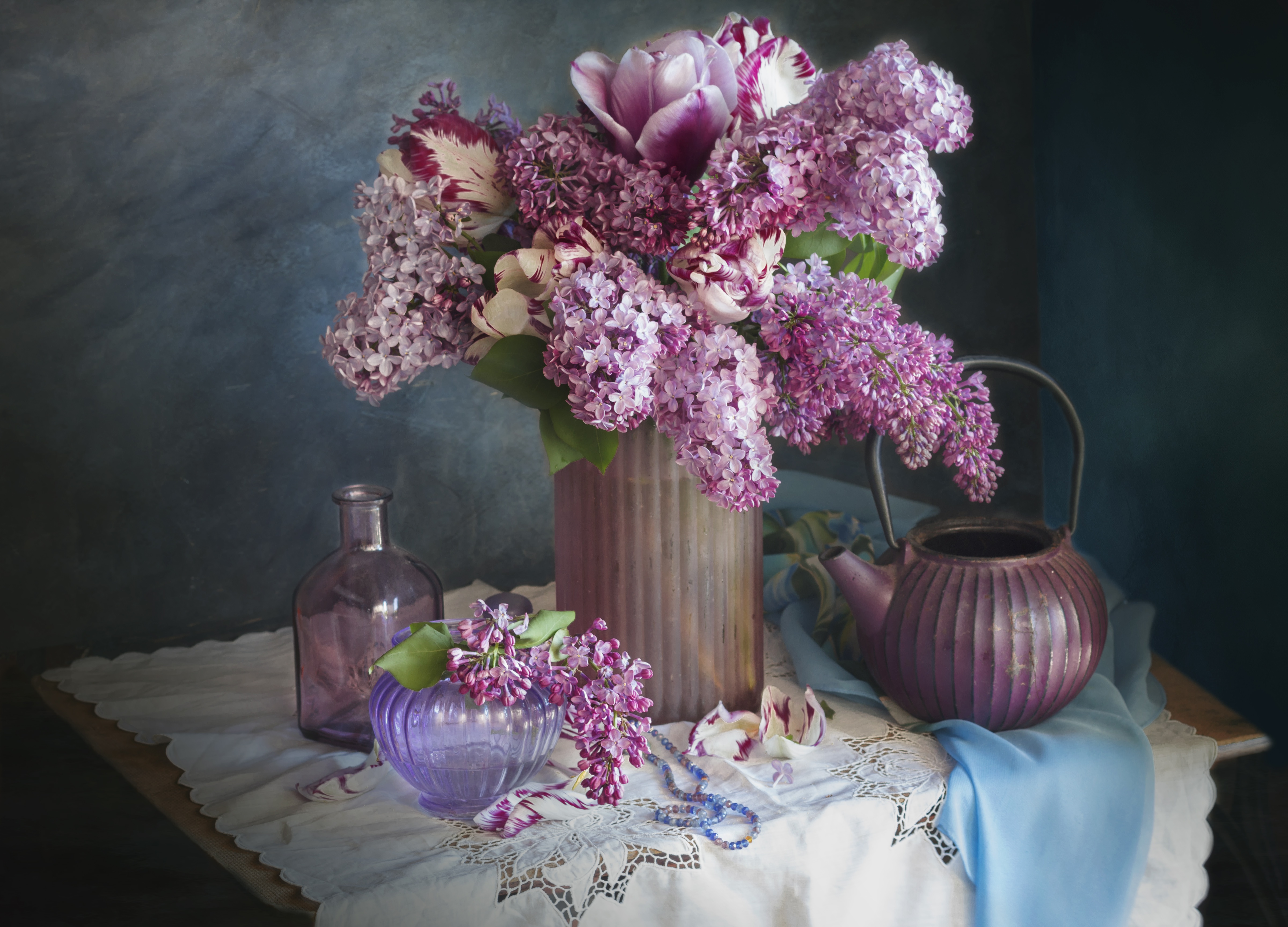 Still Life with Lilacs, Tulips, and Purple Teapot HD Wallpaper
