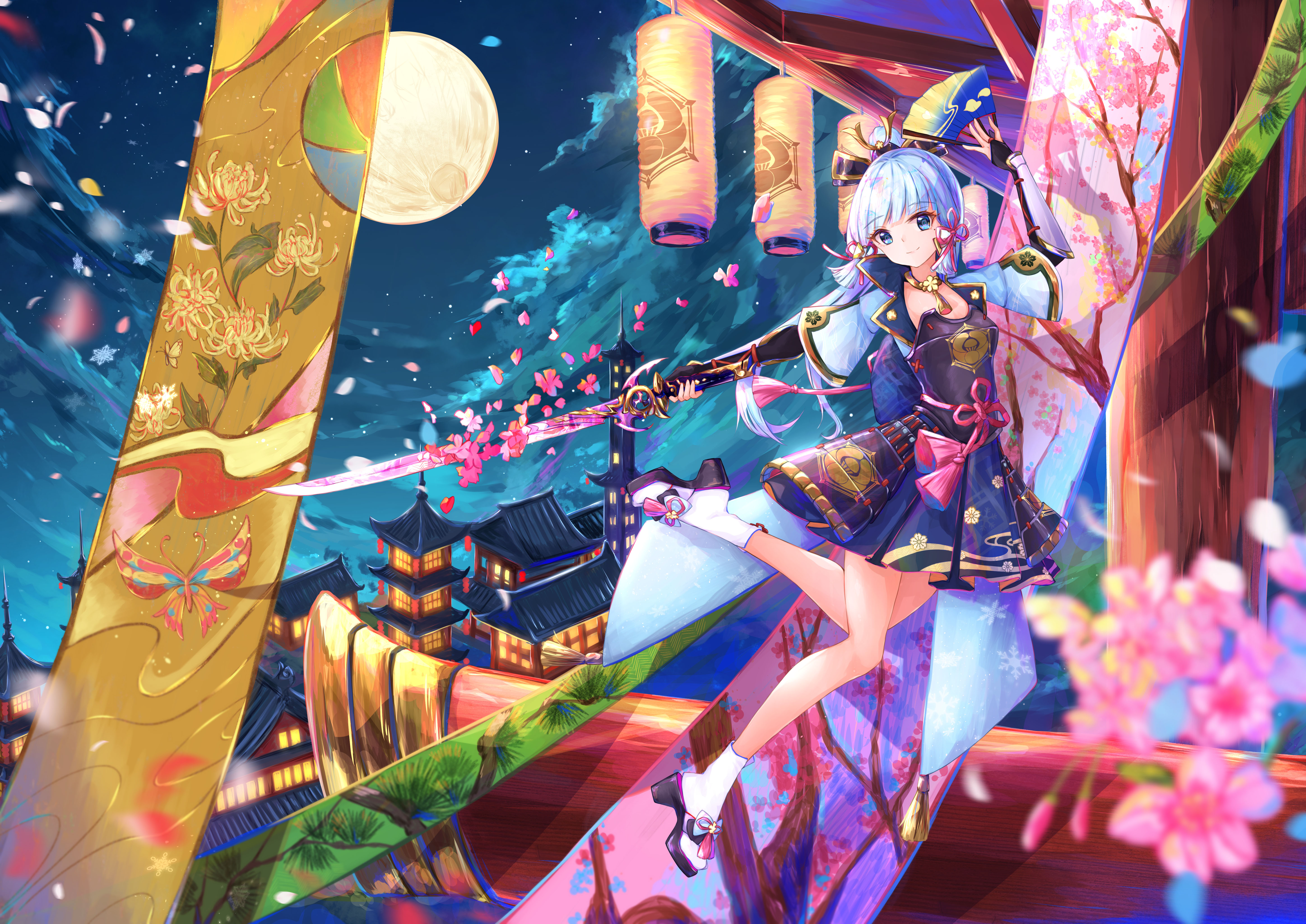 Kamisato Ayaka with Sword in Moonlit Cherry Blossom Night HD Wallpaper