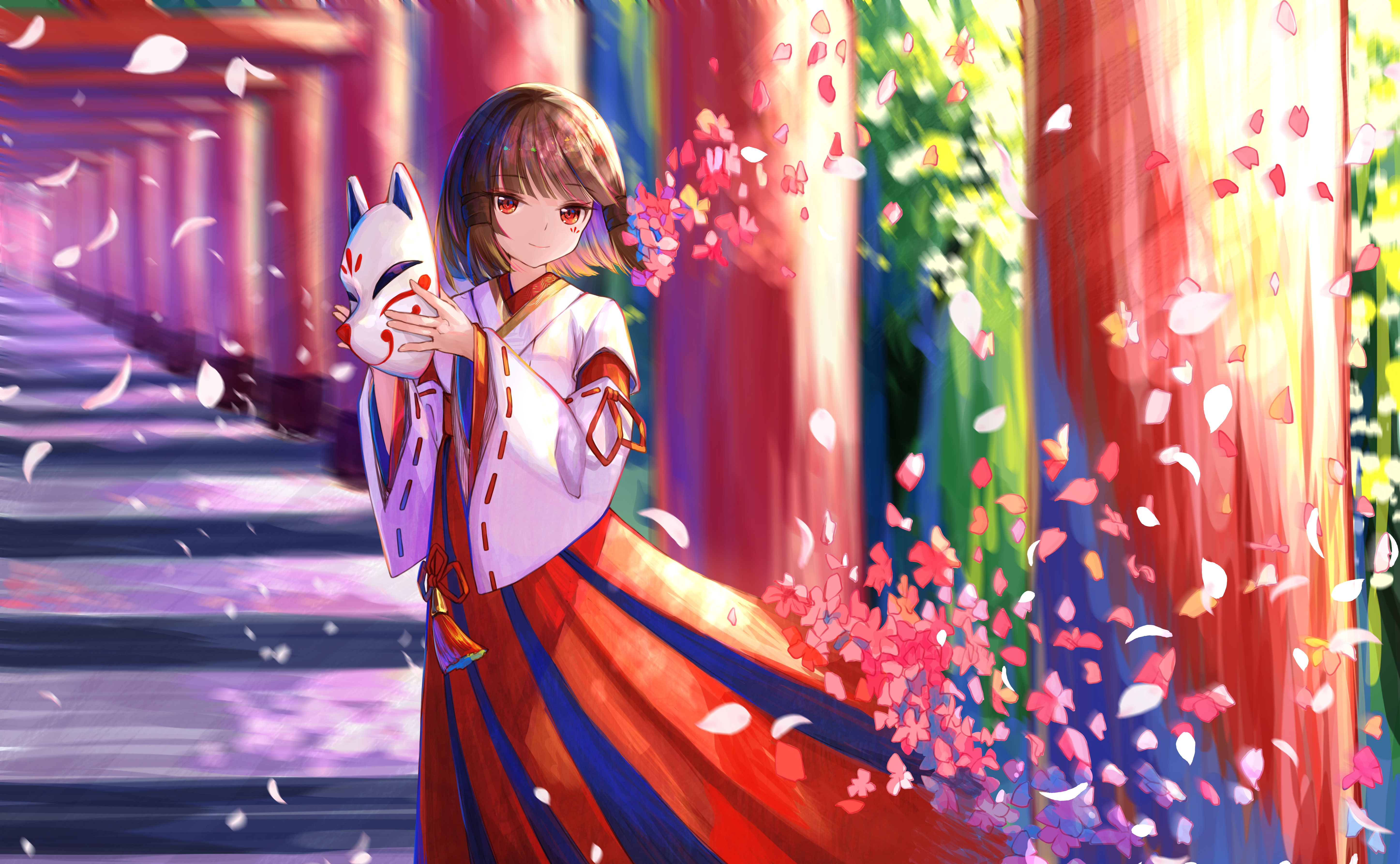 Kazari (Genshin Impact) holding fox mask in torii path HD Wallpaper