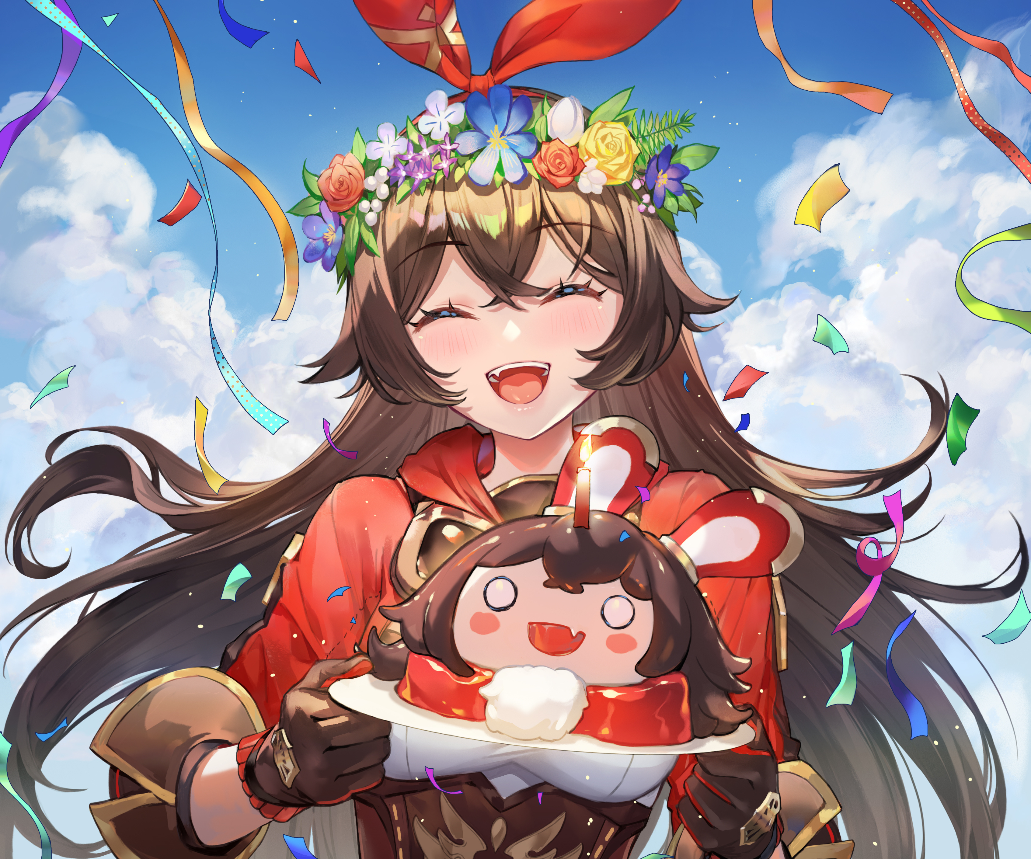 Amber (Genshin Impact) celebrating with Baron Bunny cake HD Wallpaper