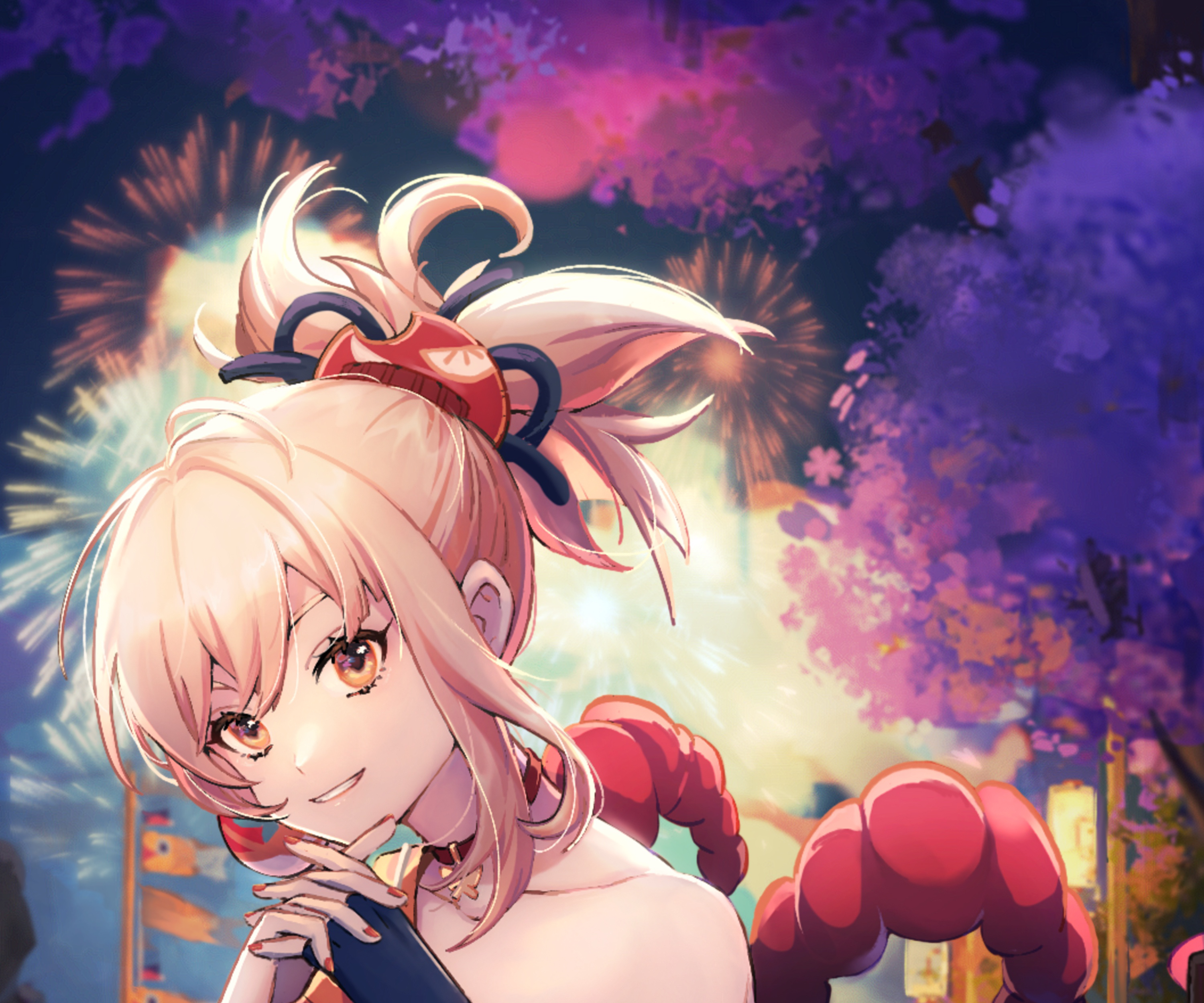 Yoimiya (Genshin Impact) smiling with fireworks and blossoms HD Wallpaper