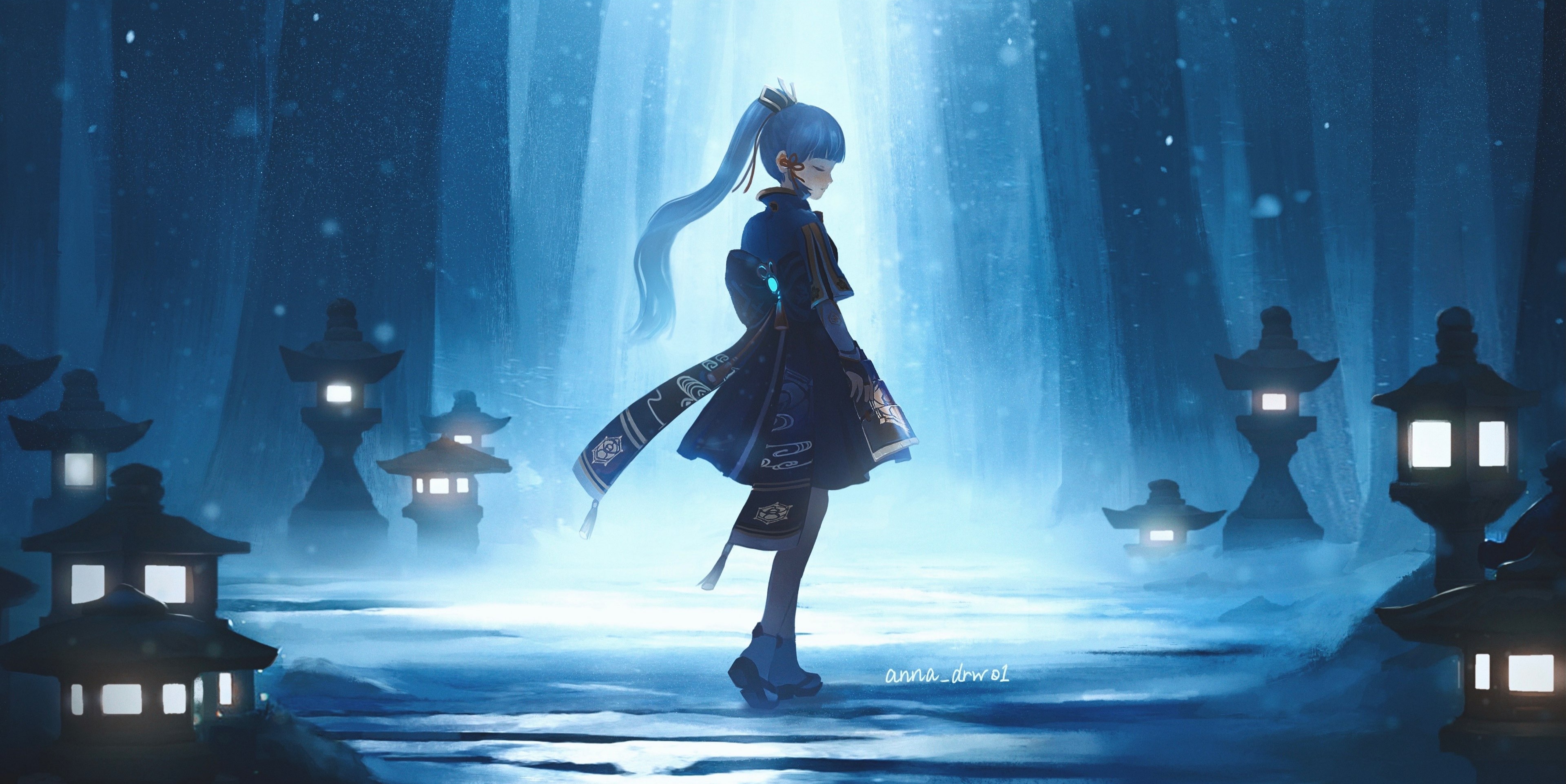 Genshin Impact Kamisato Ayaka in a snowy blue night HD Wallpaper