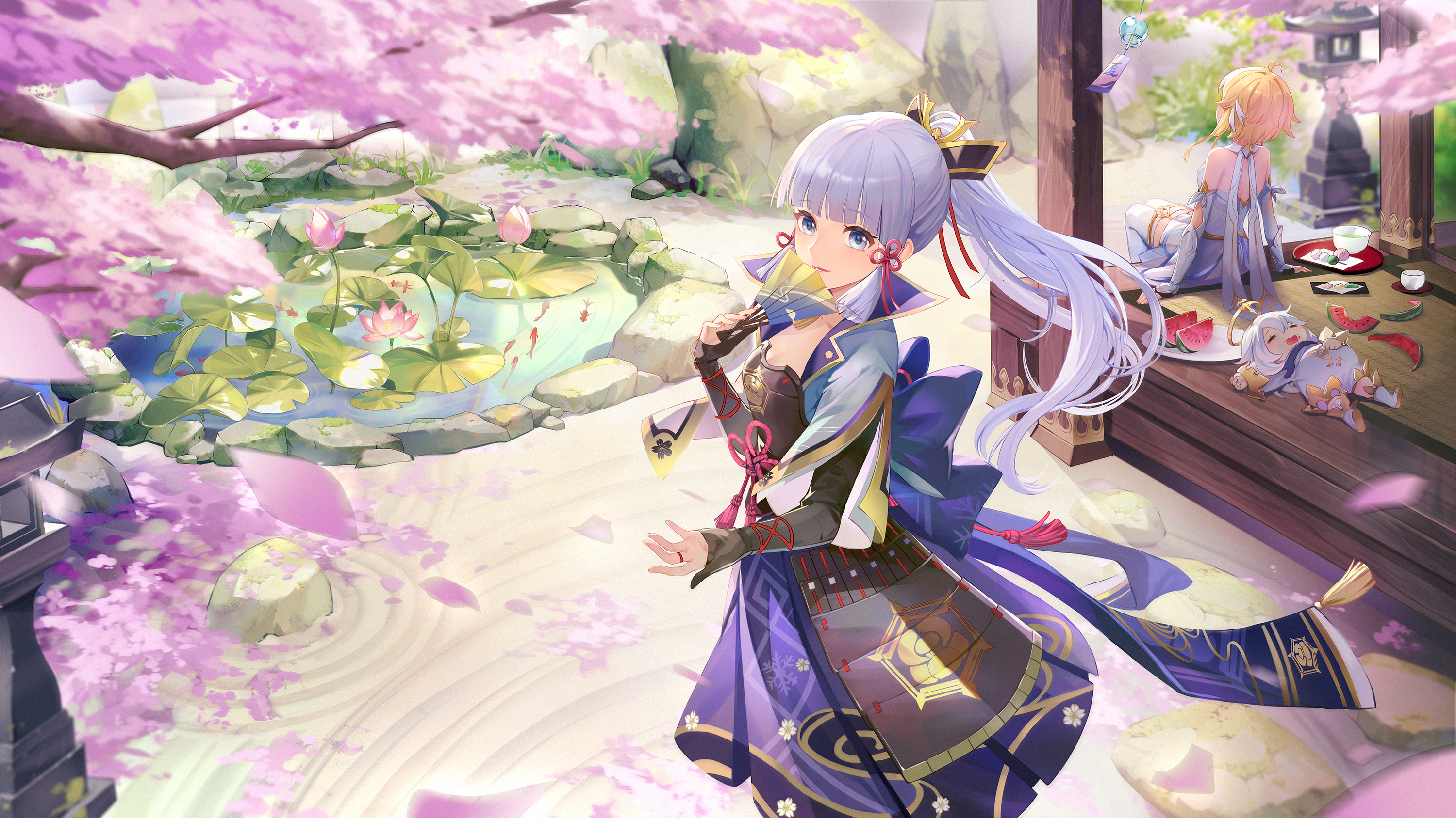 Kamisato Ayaka, Lumine, Paimon in cherry blossom garden HD Wallpaper
