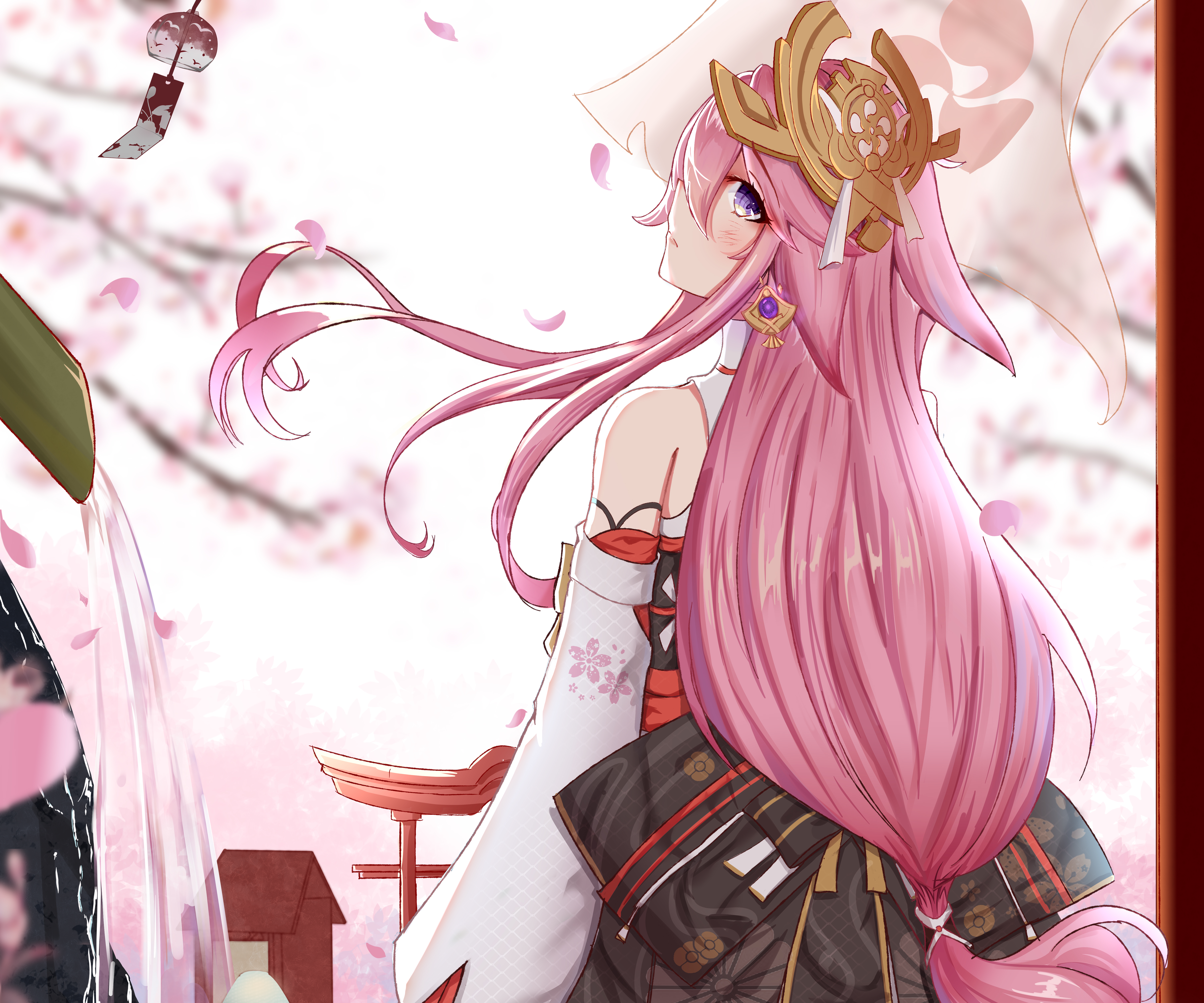Yae Miko looking up amidst falling cherry blossoms HD Wallpaper