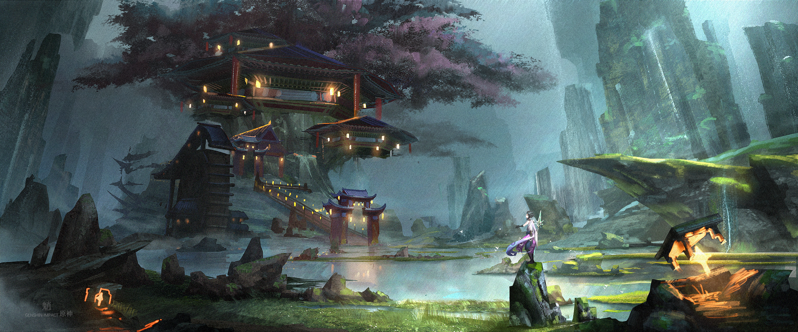 Genshin Impact Xiao: Ethereal Pagoda Village HD Wallpaper
