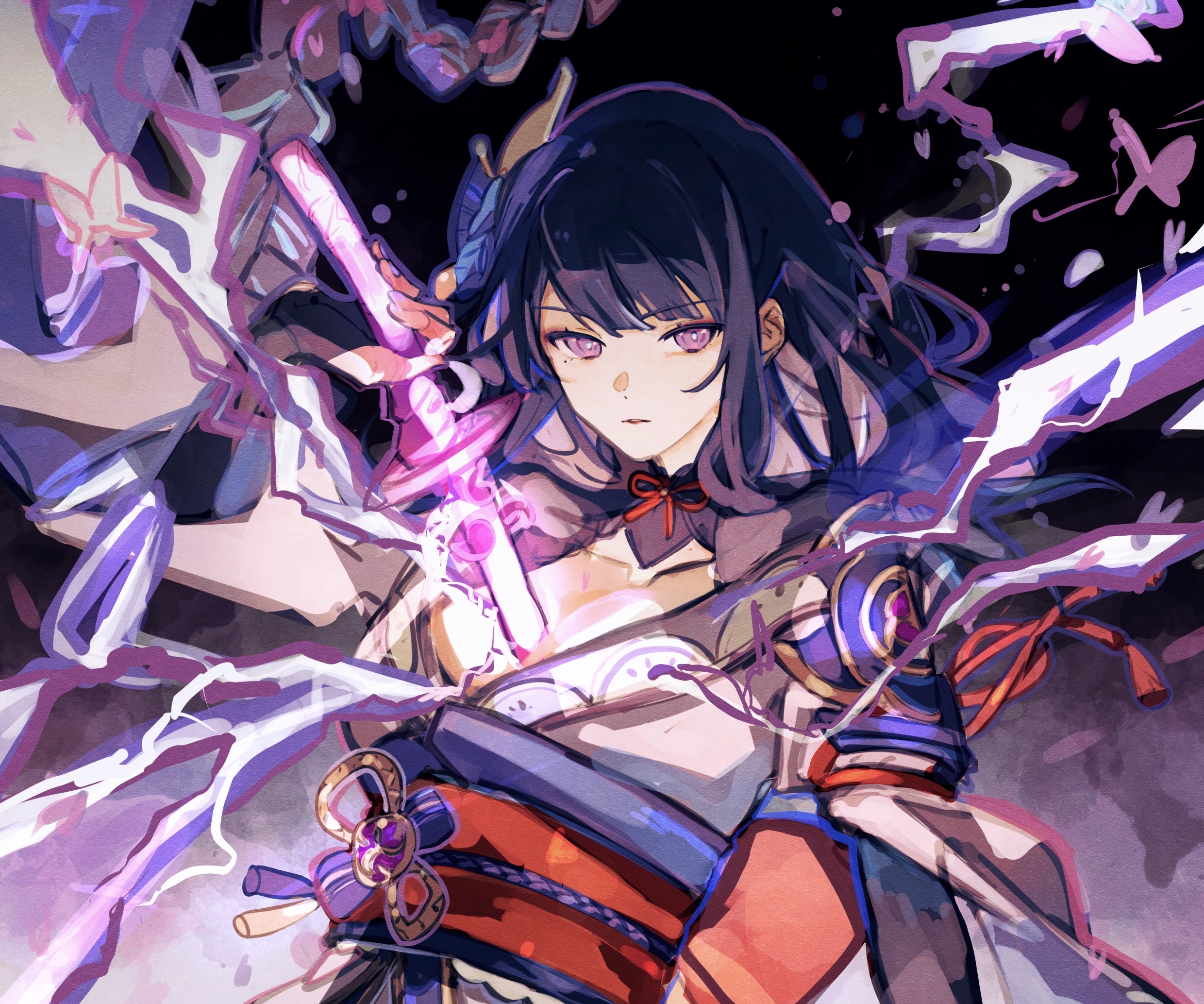 Raiden Shogun with glowing purple sword and lightning HD Wallpaper