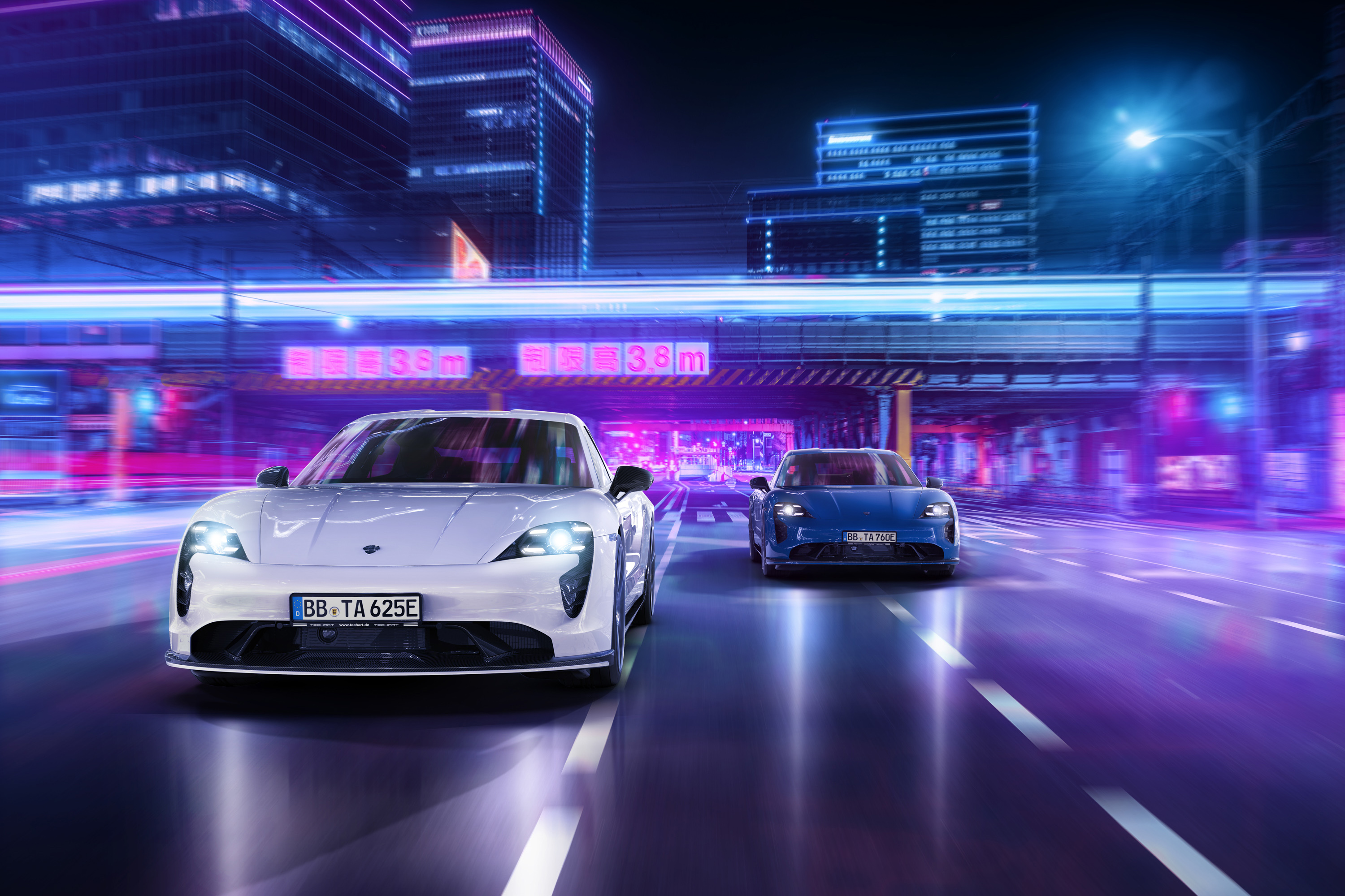 Porsche Taycan Sport Cars in Cyberpunk City Night HD Wallpaper