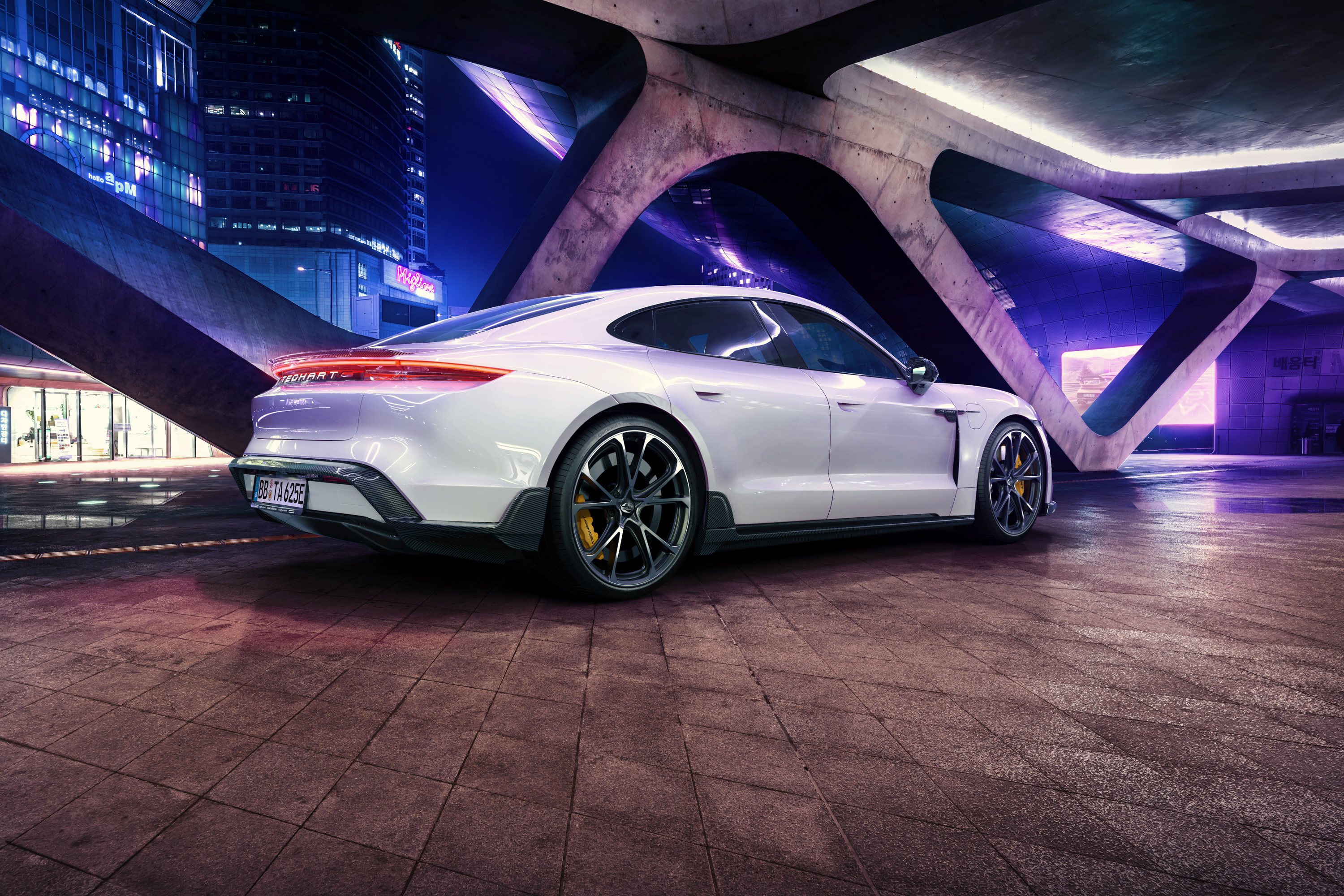 TechArt Porsche Taycan Aerokit in Neon City HD Wallpaper