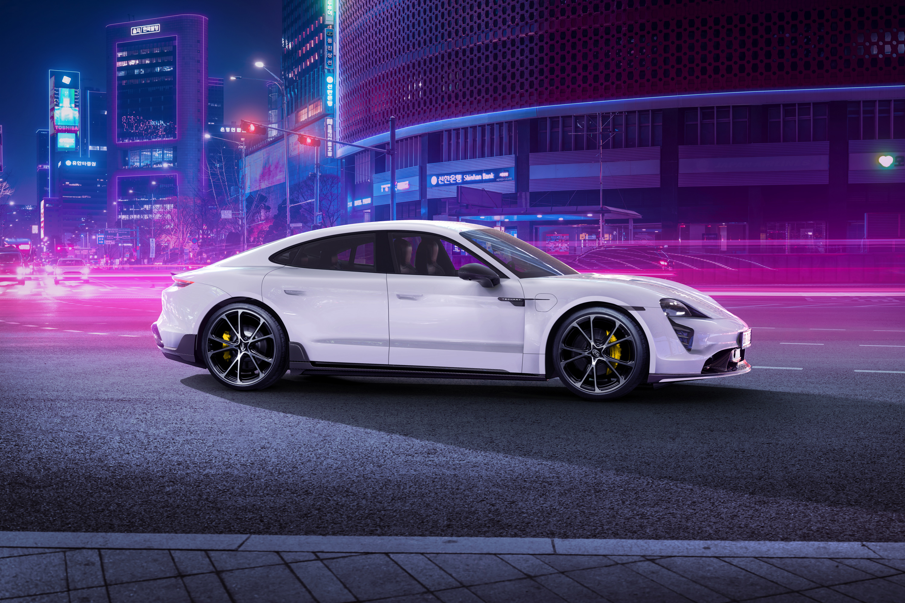 TechArt Porsche Taycan Aerokit in Neon City HD Wallpaper