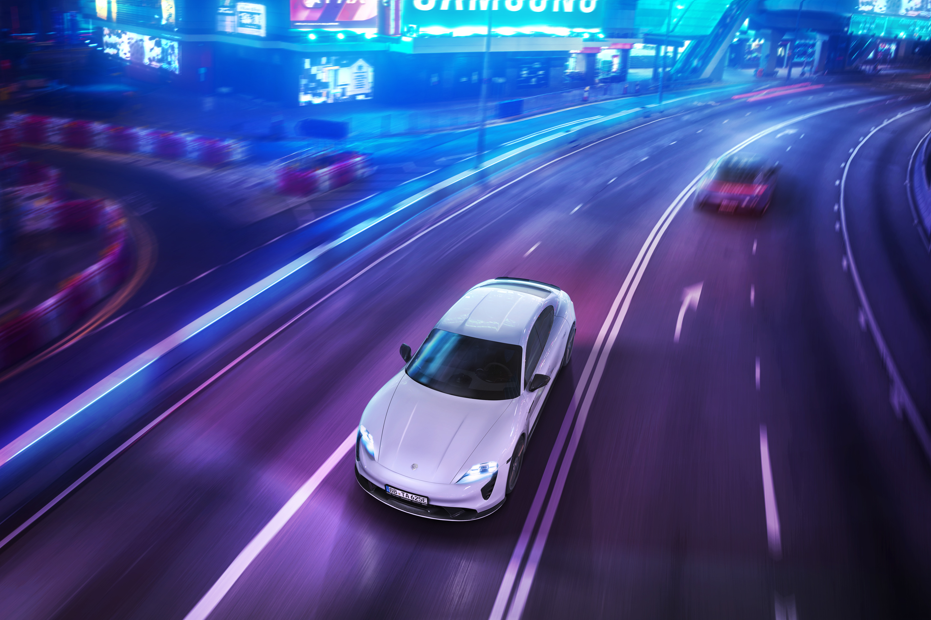 TechArt Porsche Taycan Aerokit on Neon City Road HD Wallpaper