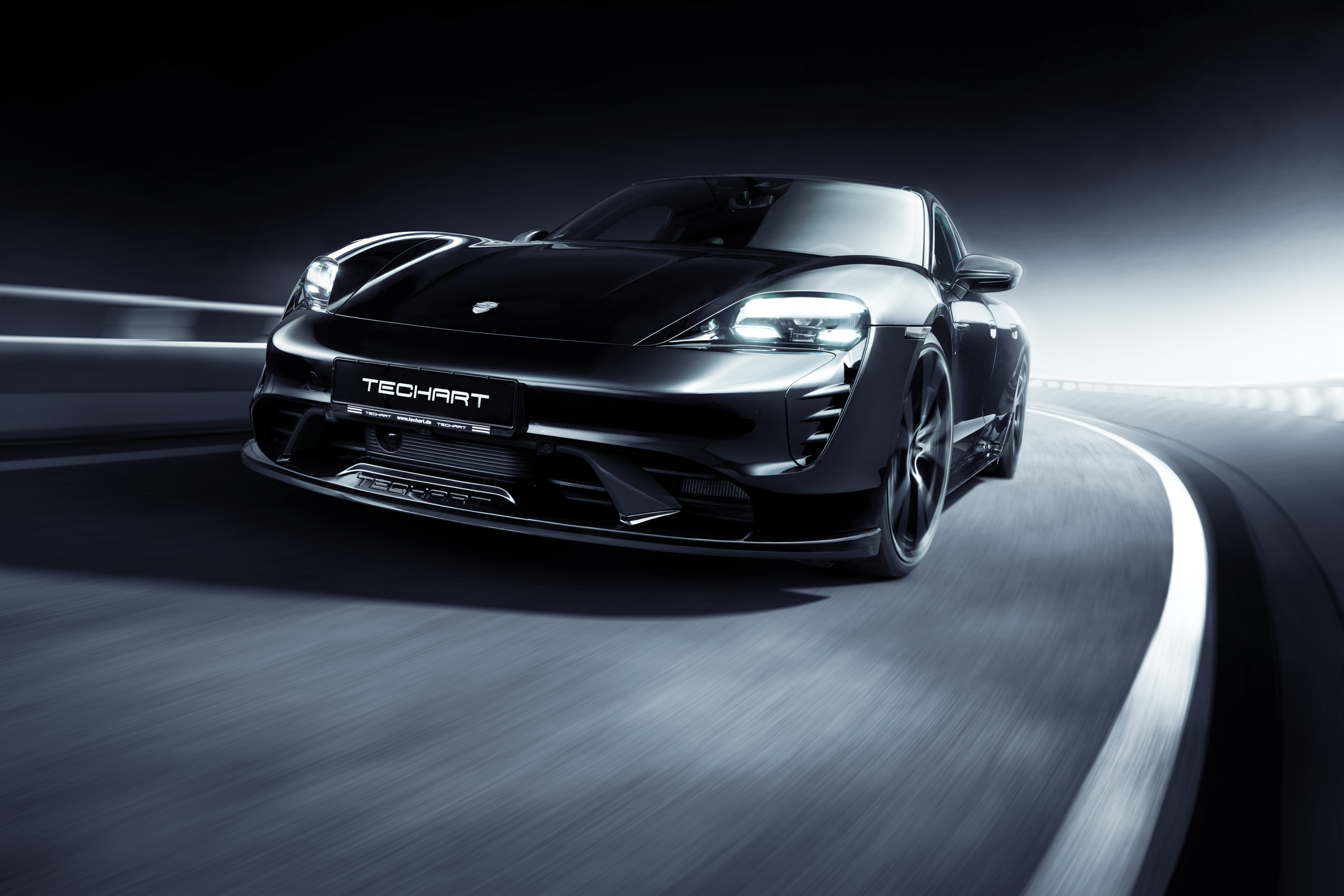 TechArt Porsche Taycan Aerokit: Black Sport Car in Motion HD Wallpaper