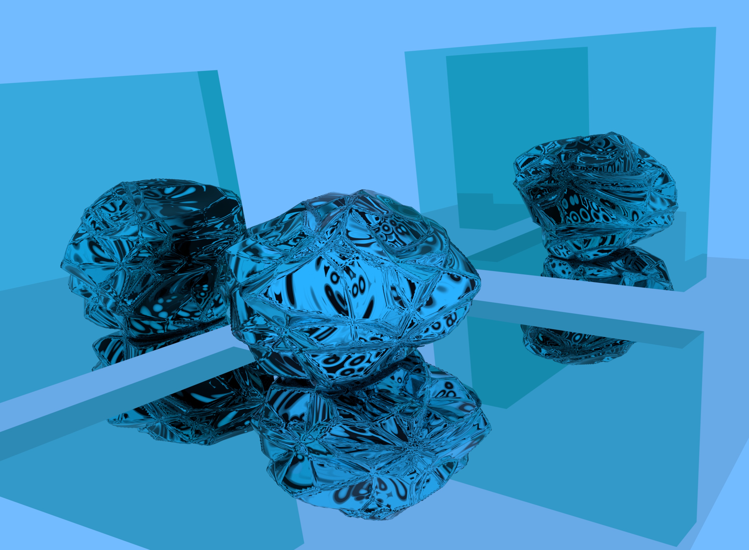 3D Blue Geometric Stones with Mirror Reflections HD Wallpaper