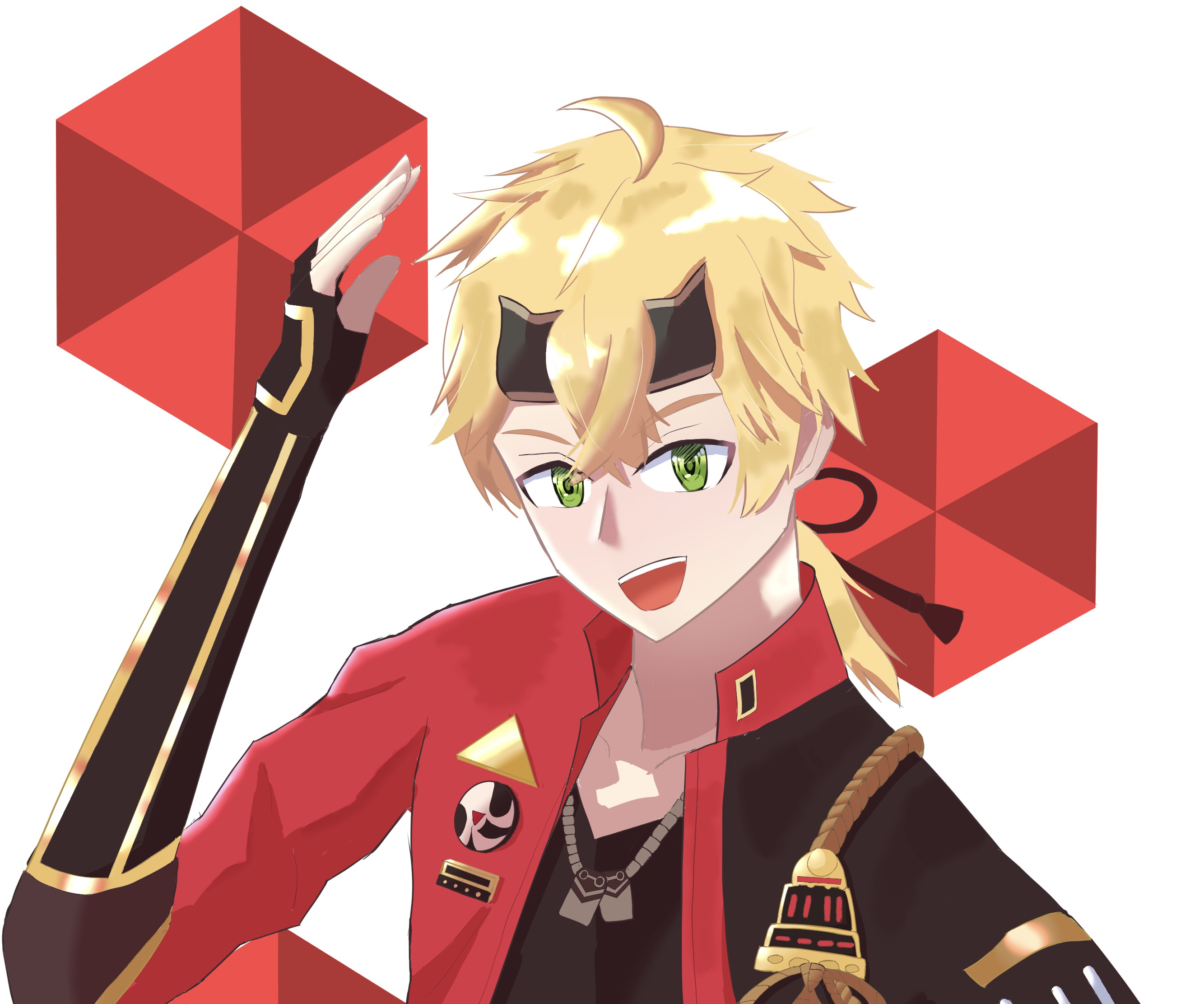Thoma (Genshin Impact) smiling with red hexagons HD Wallpaper