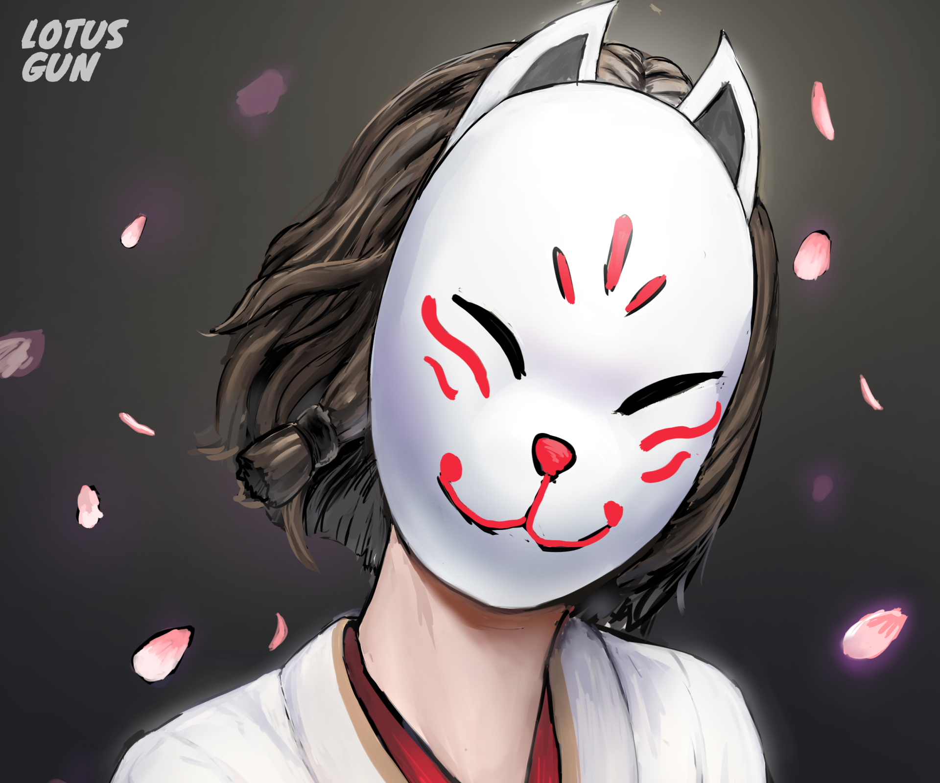 Kazari Genshin Impact: Kitsune Mask and Sakura Petals HD Wallpaper