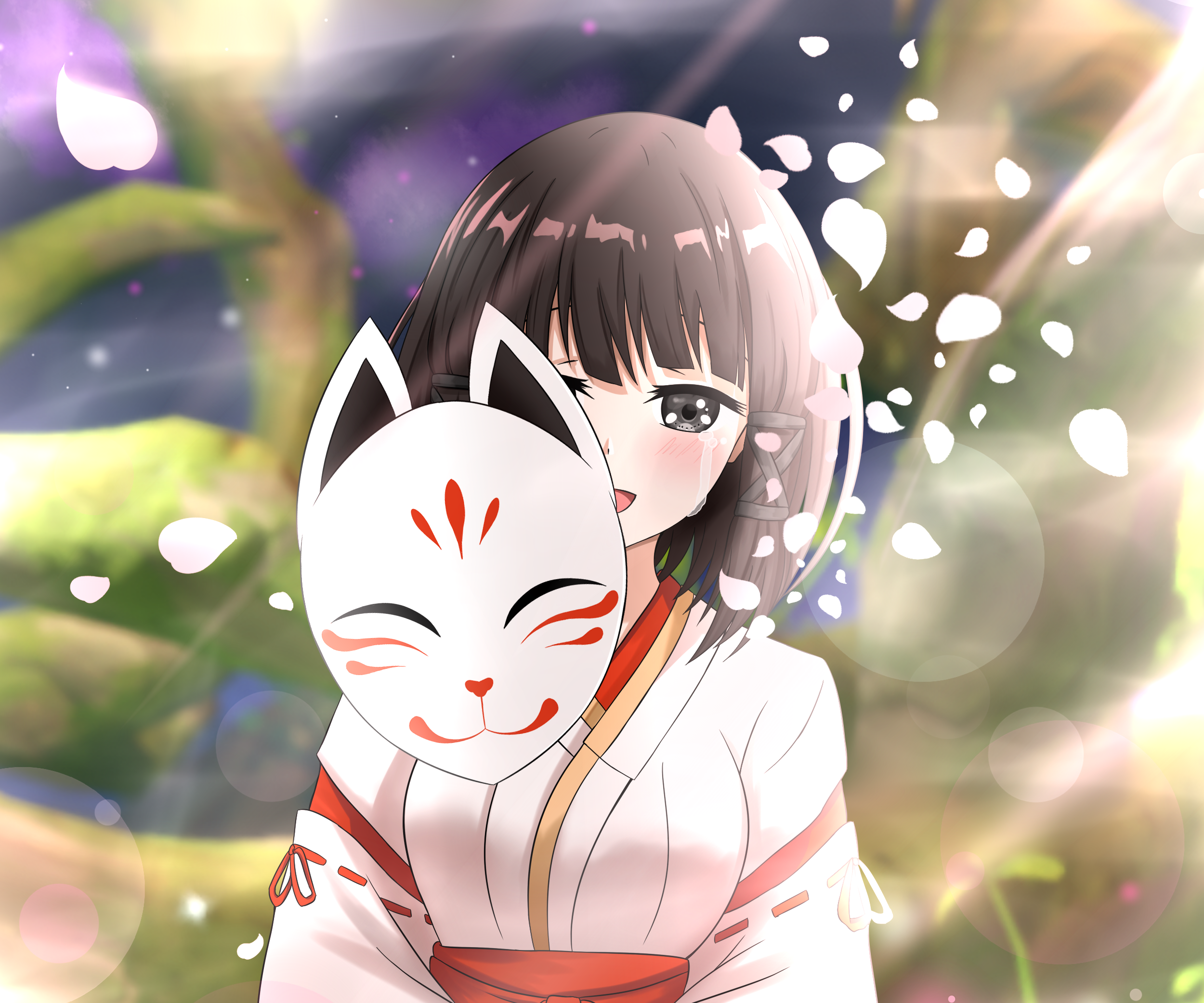 Genshin Impact Kazari crying with kitsune mask HD Wallpaper