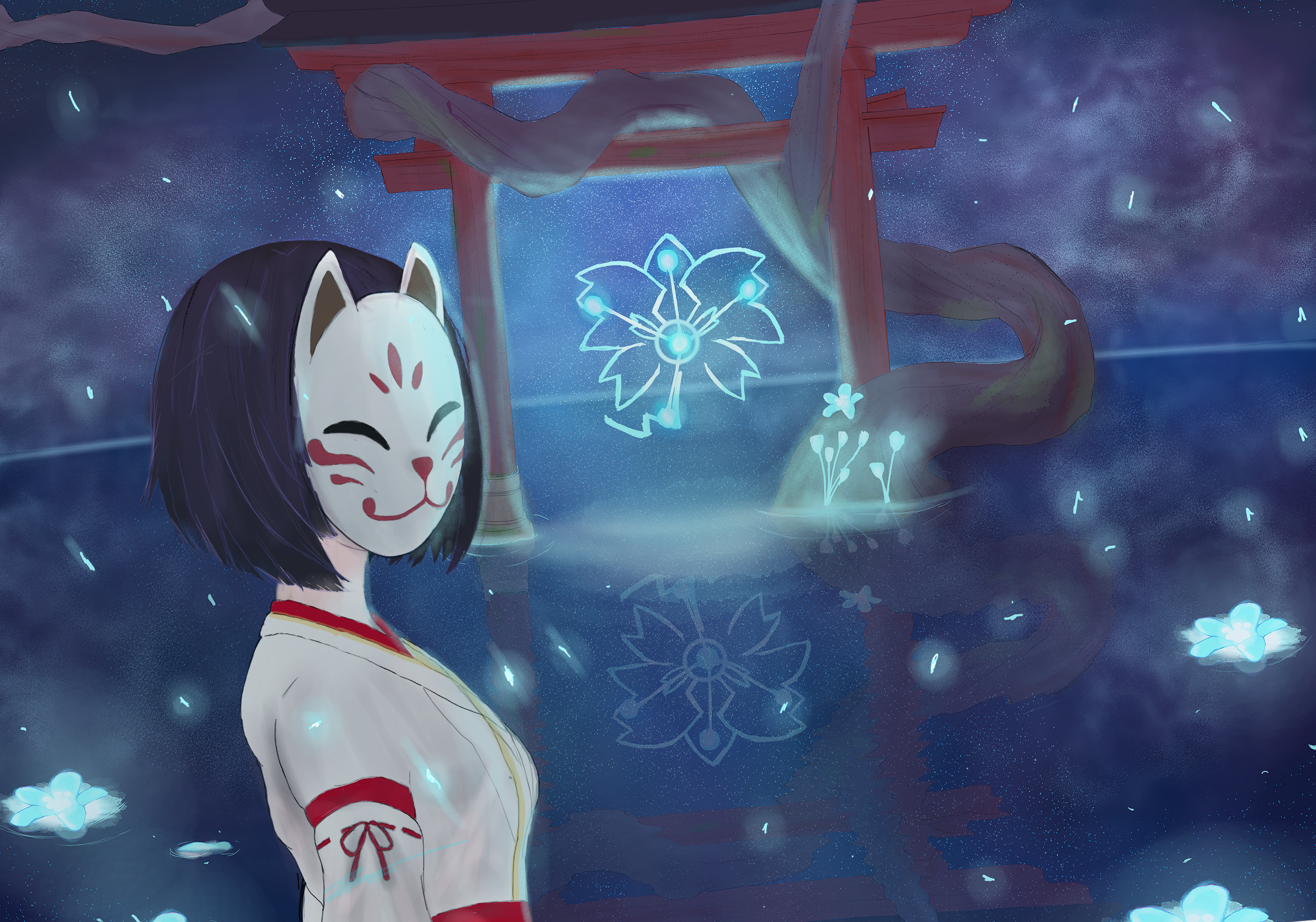 Kazari (Genshin Impact) Kitsune mask in glowing mystical night HD Wallpaper