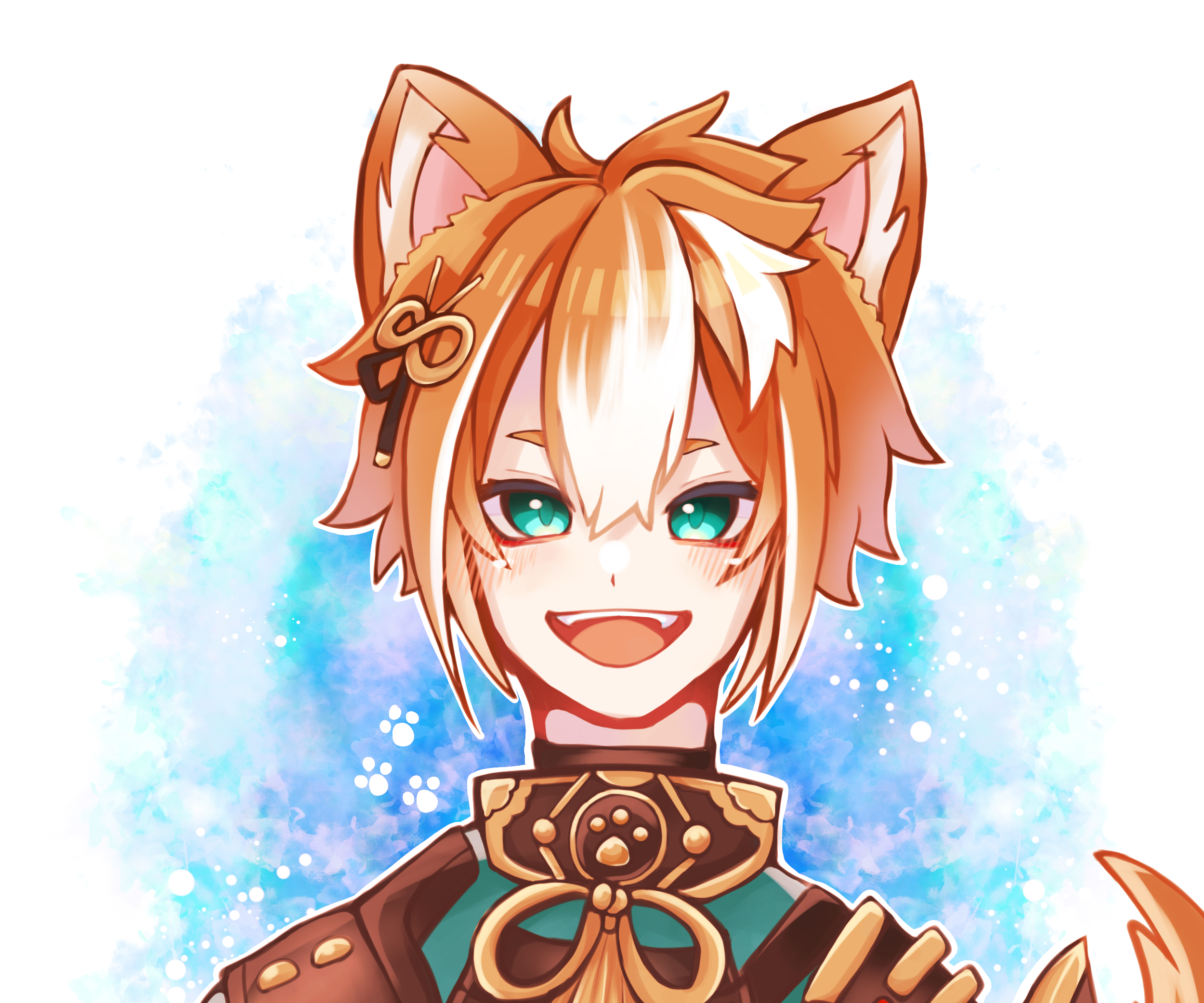 Gorou (Genshin Impact) smiling with paw prints background HD Wallpaper