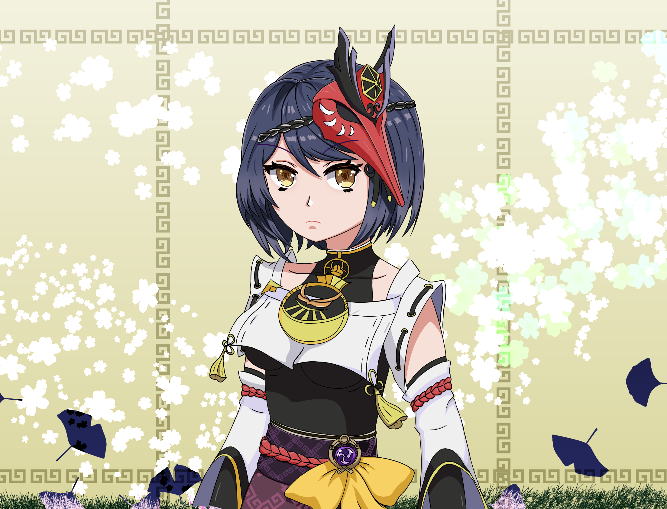Kujou Sara from Genshin Impact with mask and flowers HD Wallpaper