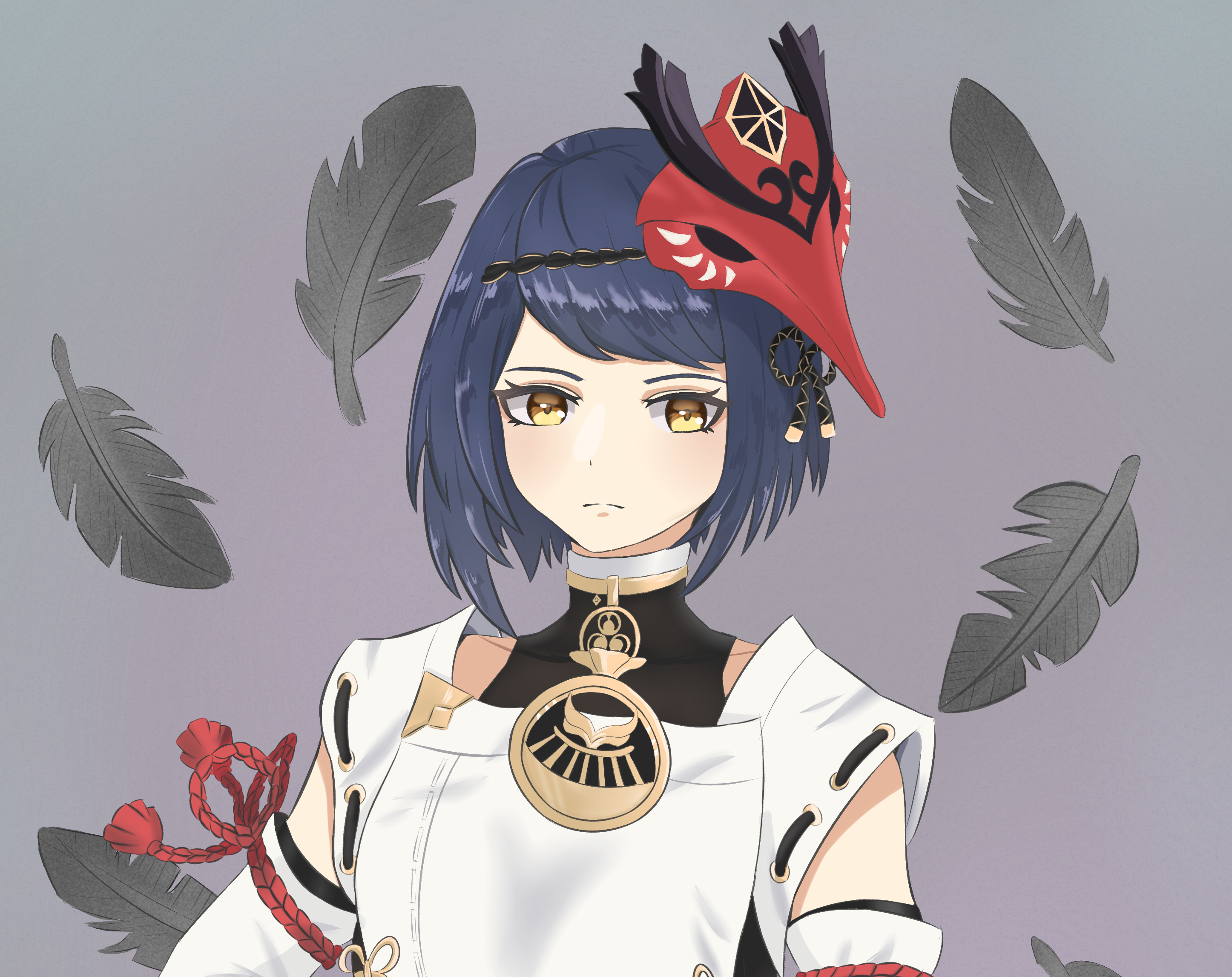 Kujou Sara with red mask and floating feathers HD Wallpaper