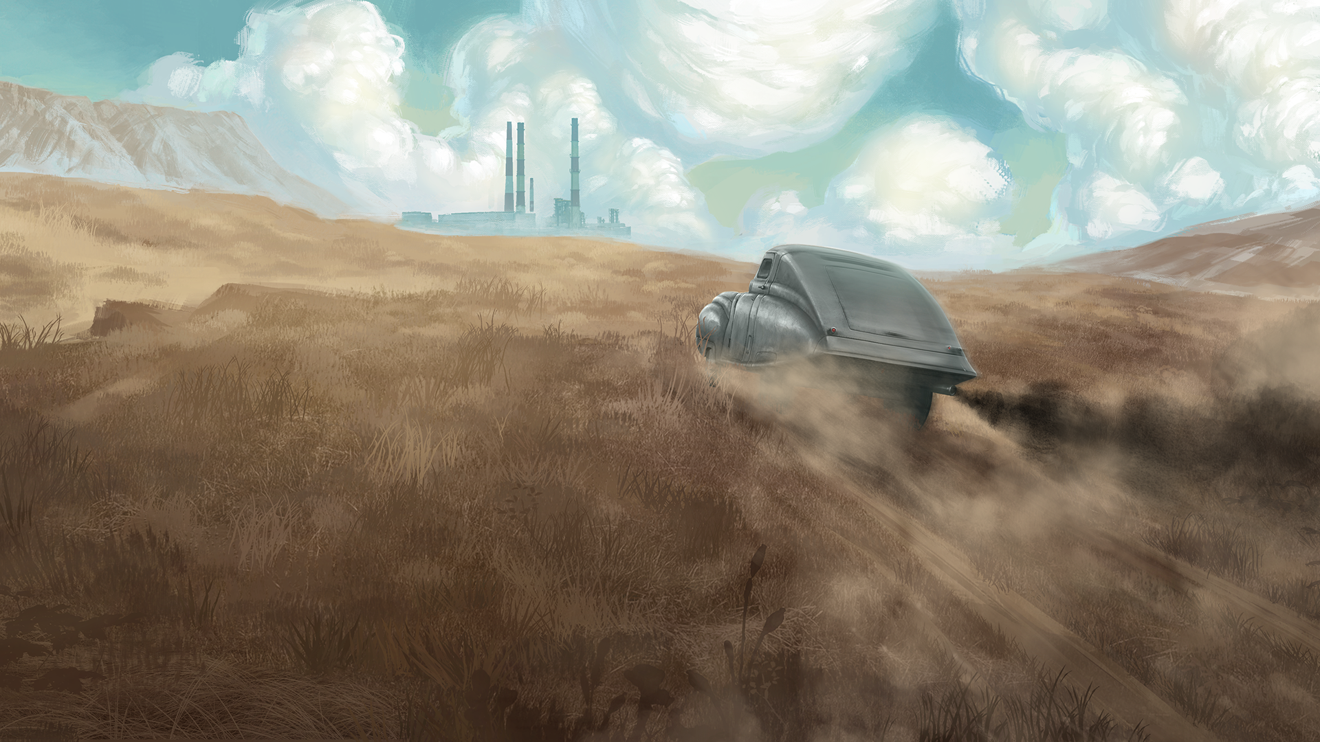 Pobeda car journey through post-apocalyptic industrial landscape HD Wallpaper