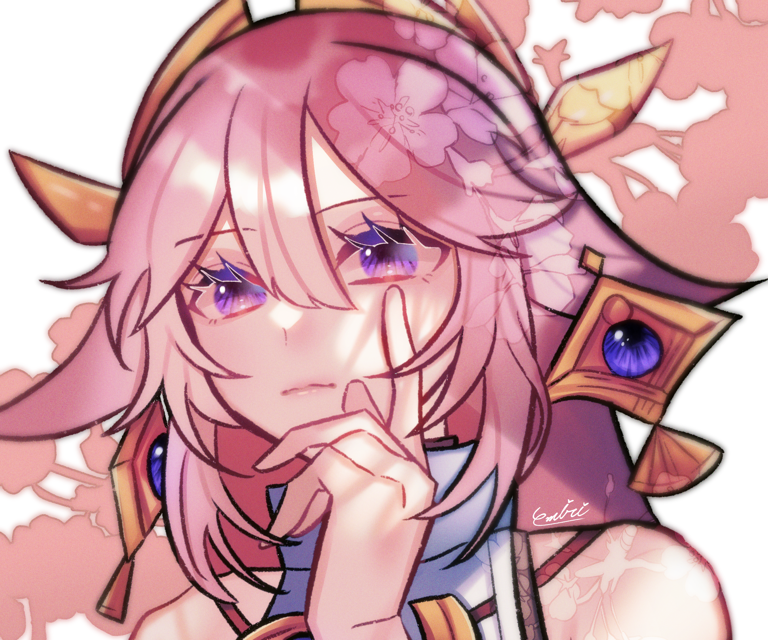 Pensive Yae Miko Guuji with Sakura Details HD Wallpaper
