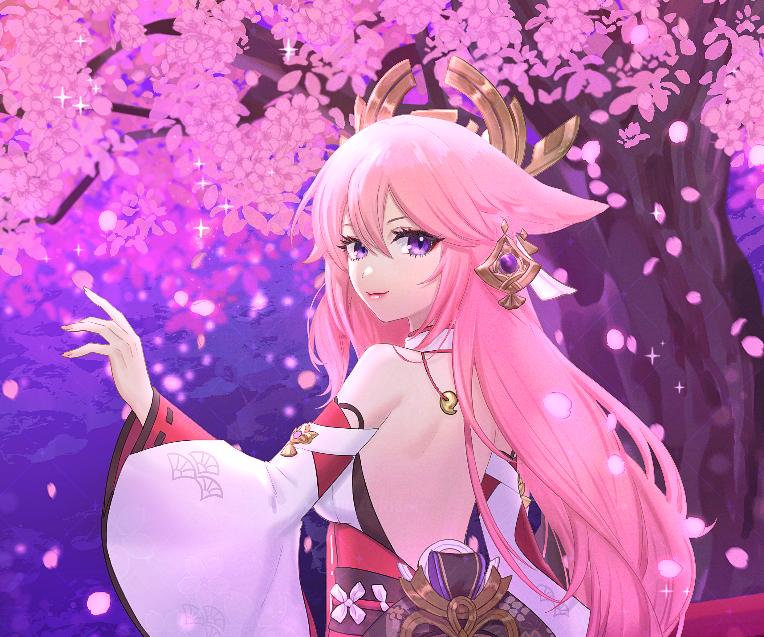 Yae Miko Guuji under cherry blossoms HD Wallpaper