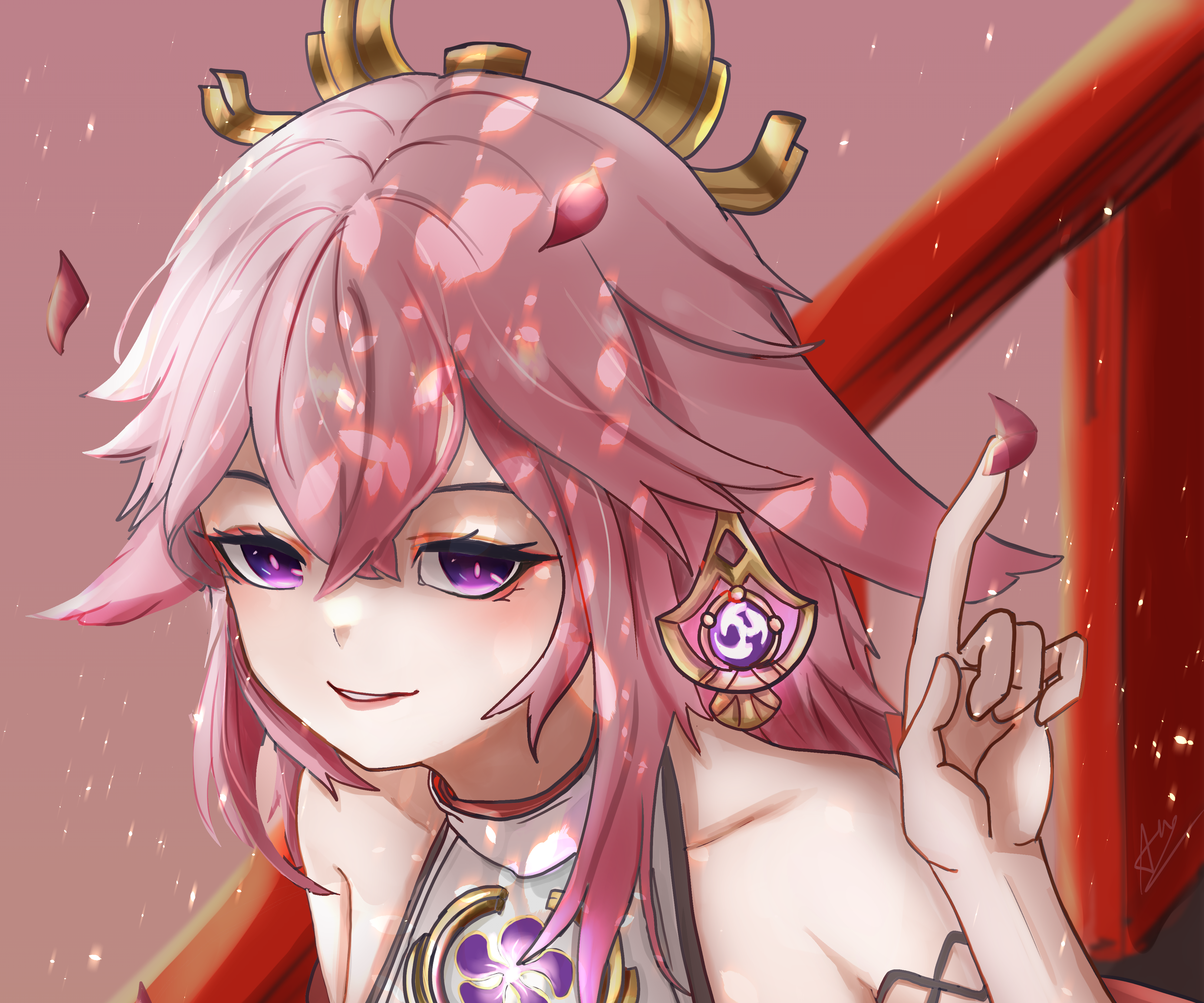 Yae Miko's mischievous gaze and pointing finger HD Wallpaper