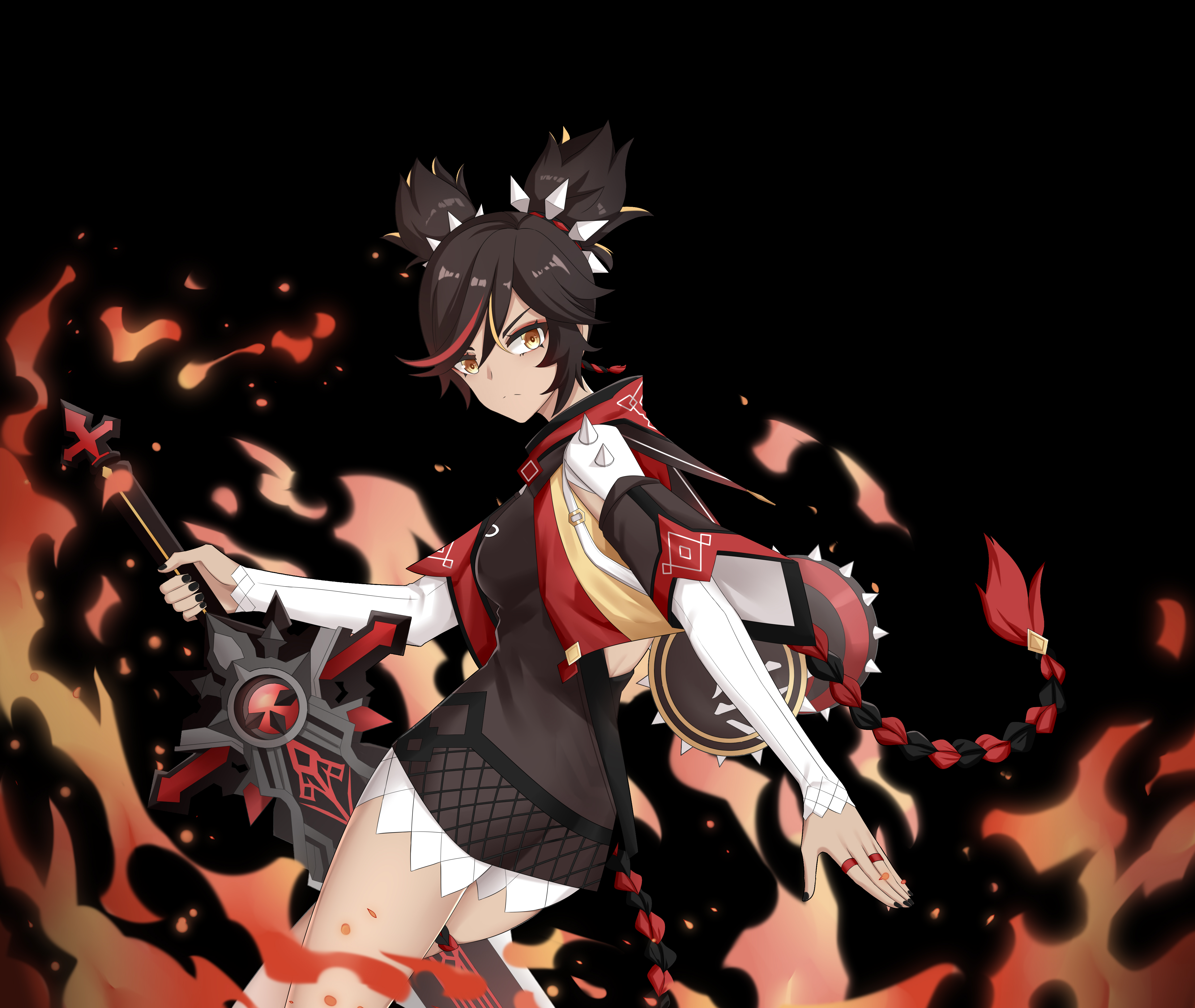 Xinyan Genshin Impact wielding her weapon with flames HD Wallpaper