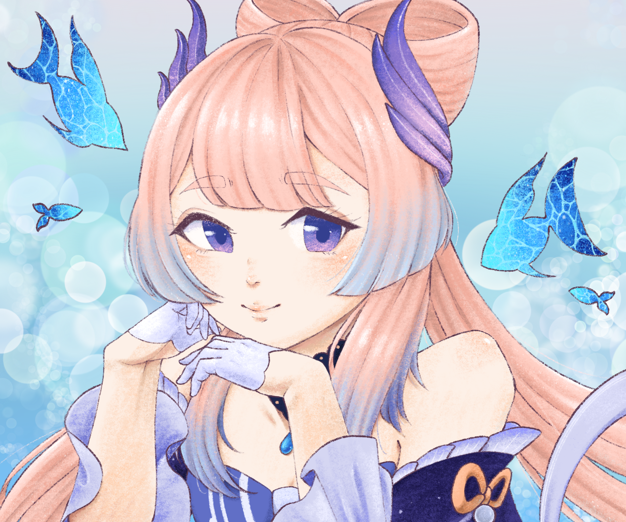 Sangonomiya Kokomi smiling with blue fish HD Wallpaper