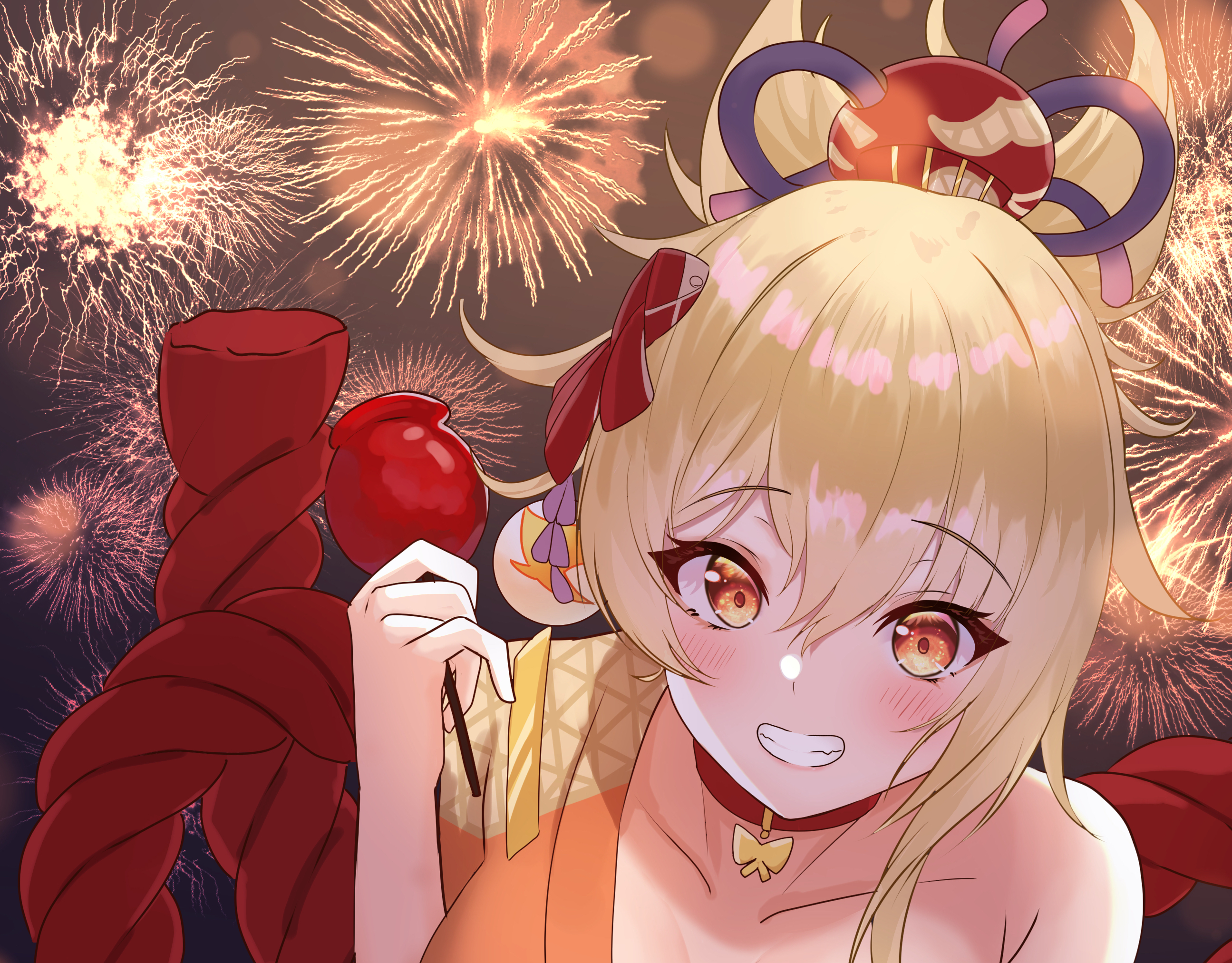Yoimiya (Genshin Impact) enjoying fireworks and candy apple HD Wallpaper