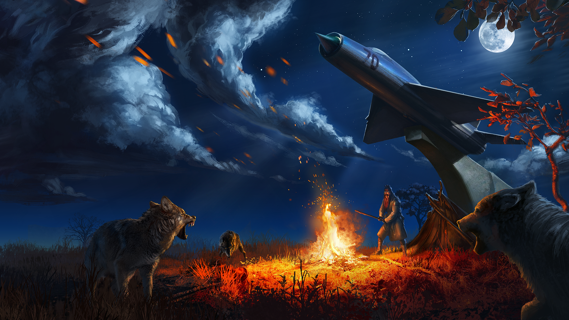 ATOM RPG: Post-Apocalyptic Night, MIG-21, Wolves, and Bonfire HD Wallpaper