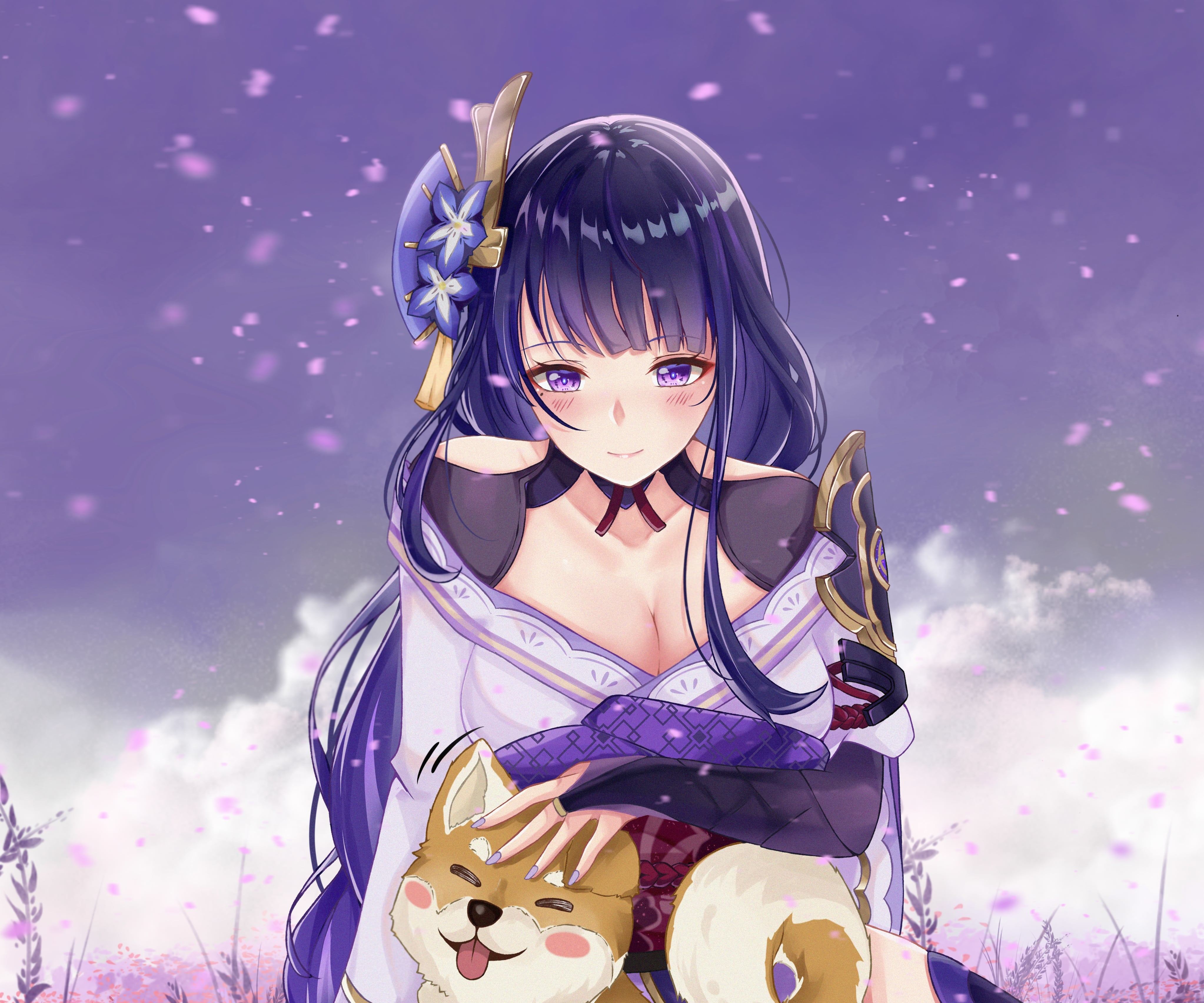 Raiden Shogun petting a dog in a field of flowers HD Wallpaper