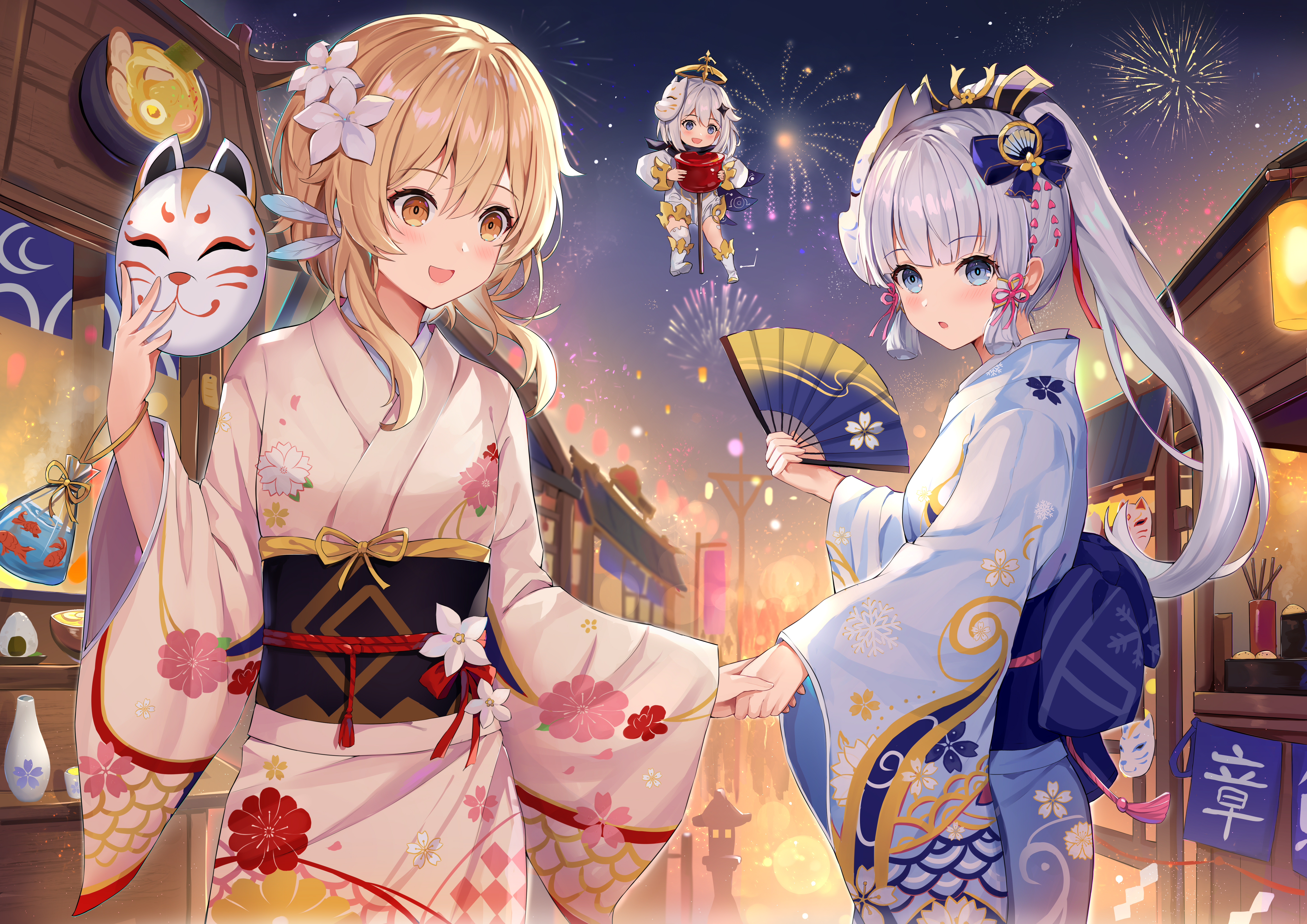 Lumine and Kamisato Ayaka in Festival Night 4K HD Wallpaper