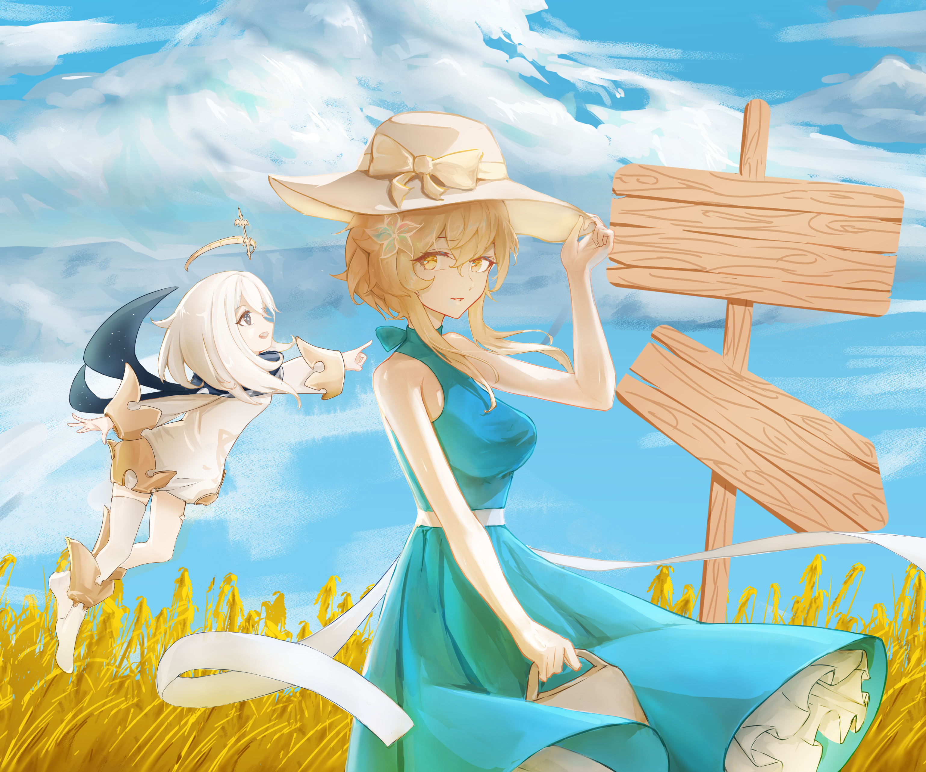 Genshin Impact Lumine and Paimon summer day HD Wallpaper