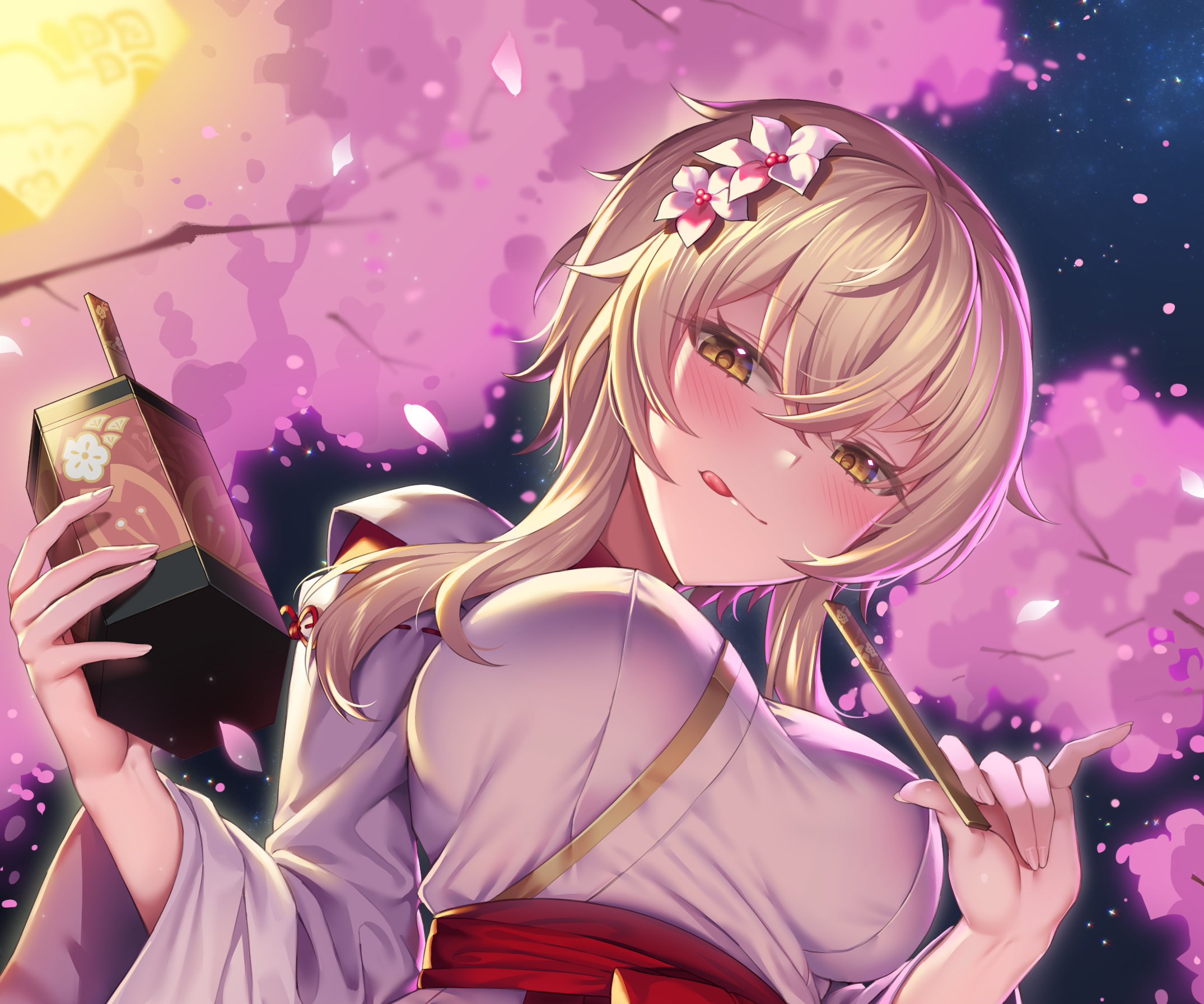 Lumine (Genshin Impact) in Kimono under Sakura HD Wallpaper