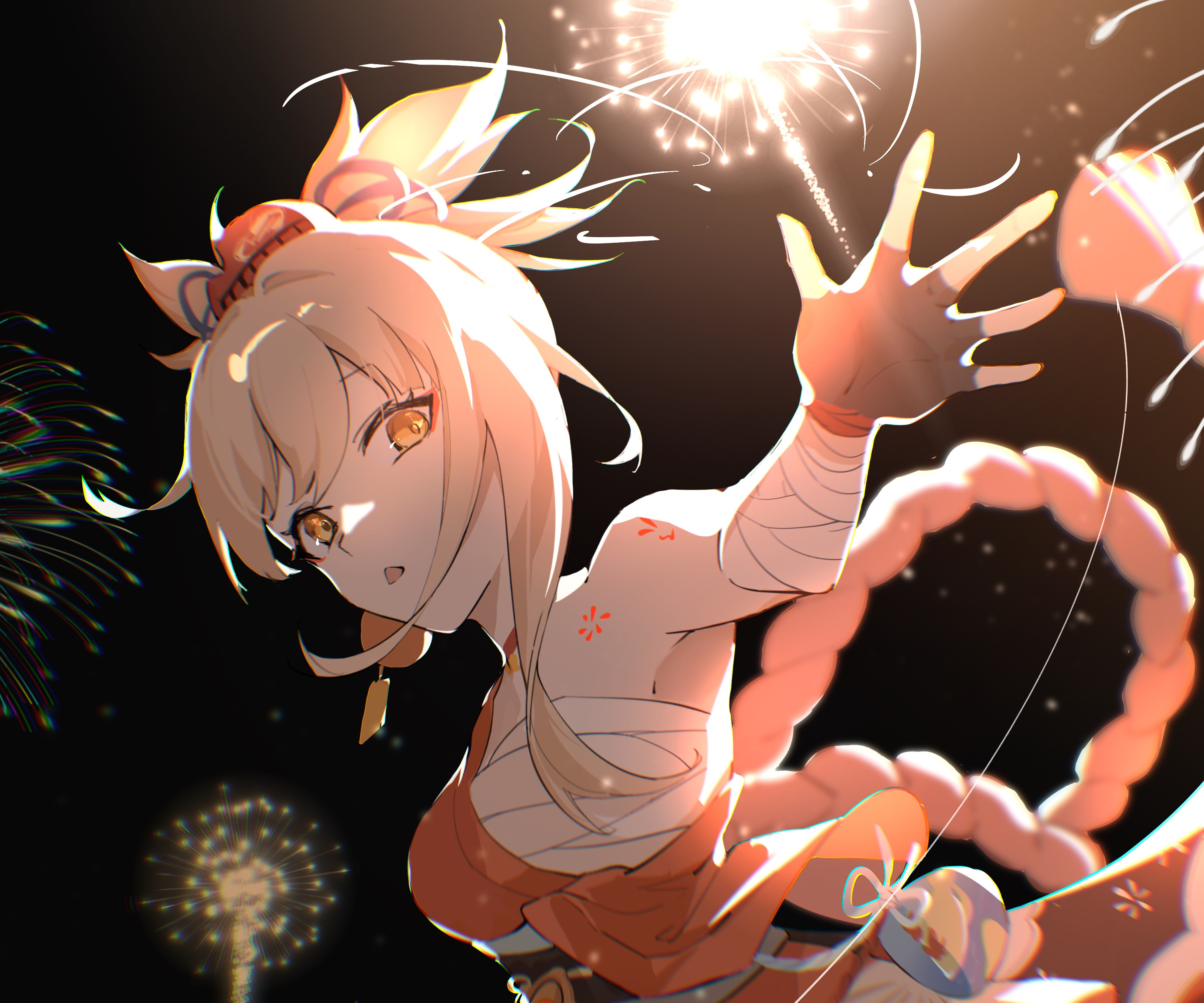 Yoimiya reaching for dazzling fireworks at night HD Wallpaper