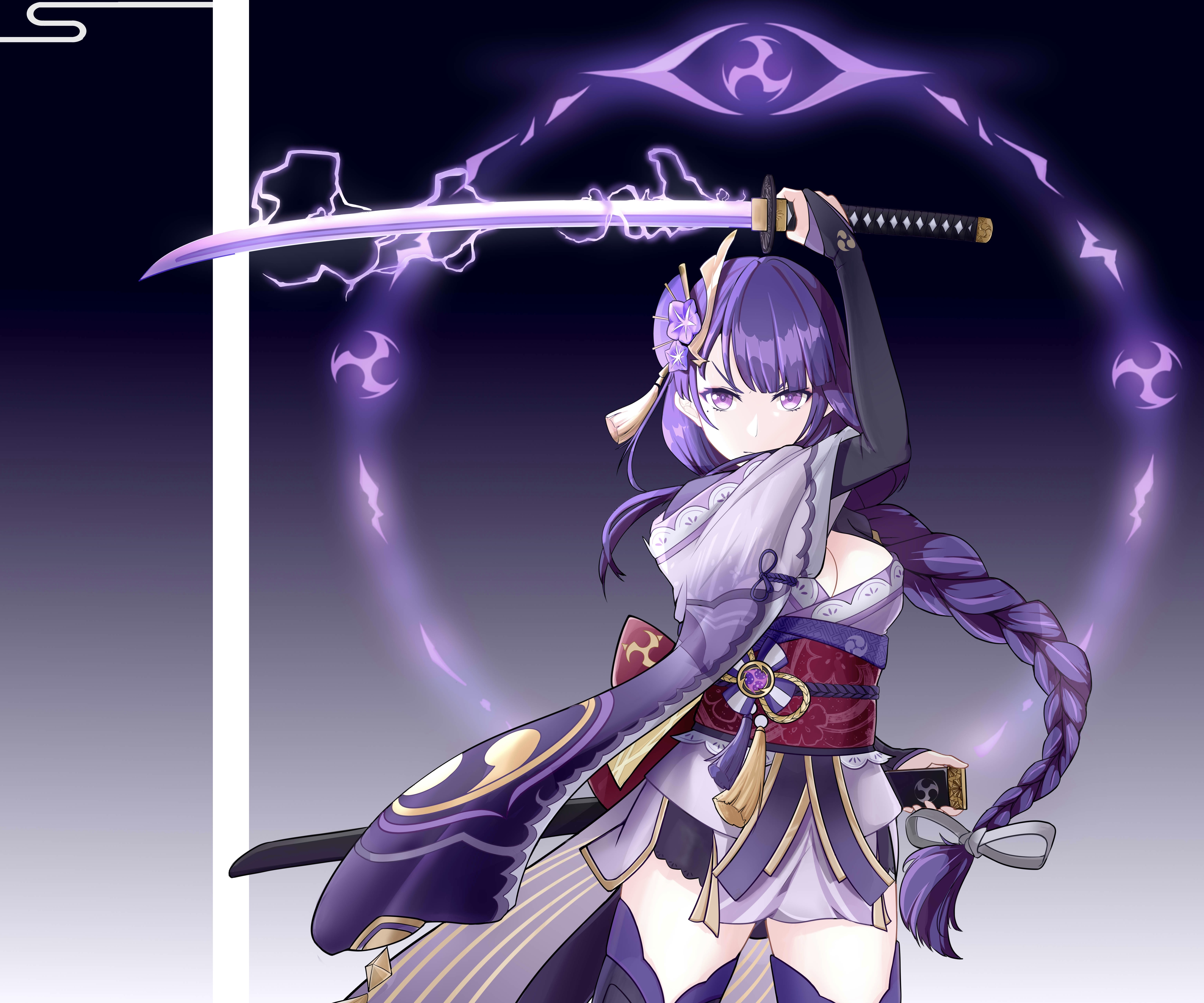 Raiden Shogun wielding Electro sword in Genshin Impact HD Wallpaper