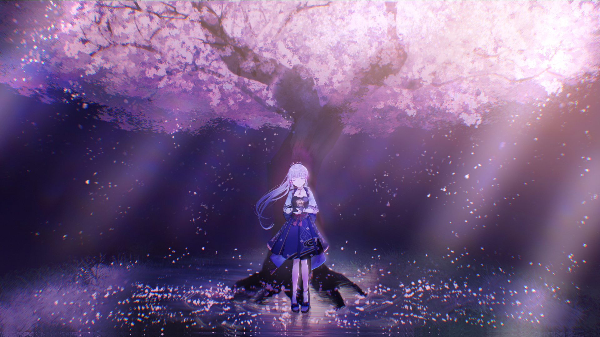 Kamisato Ayaka under a magical cherry blossom tree HD Wallpaper