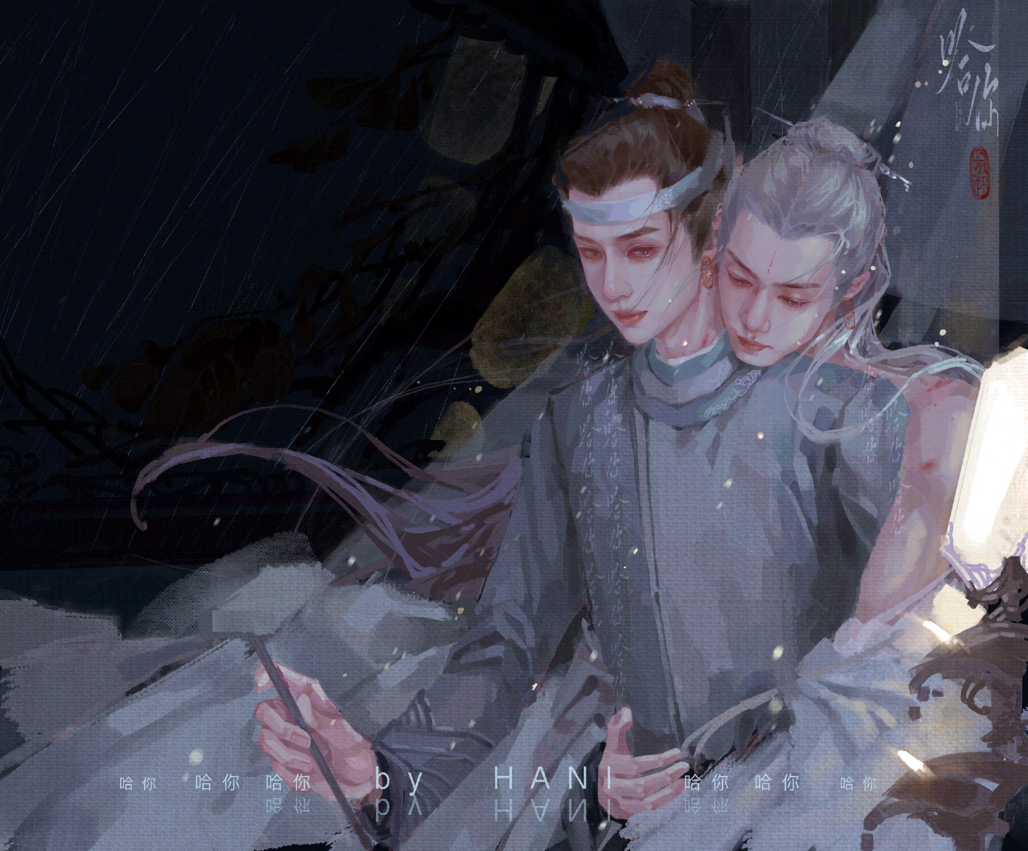 Lan Wangji and Wei Wuxian Embrace in Rain HD Wallpaper