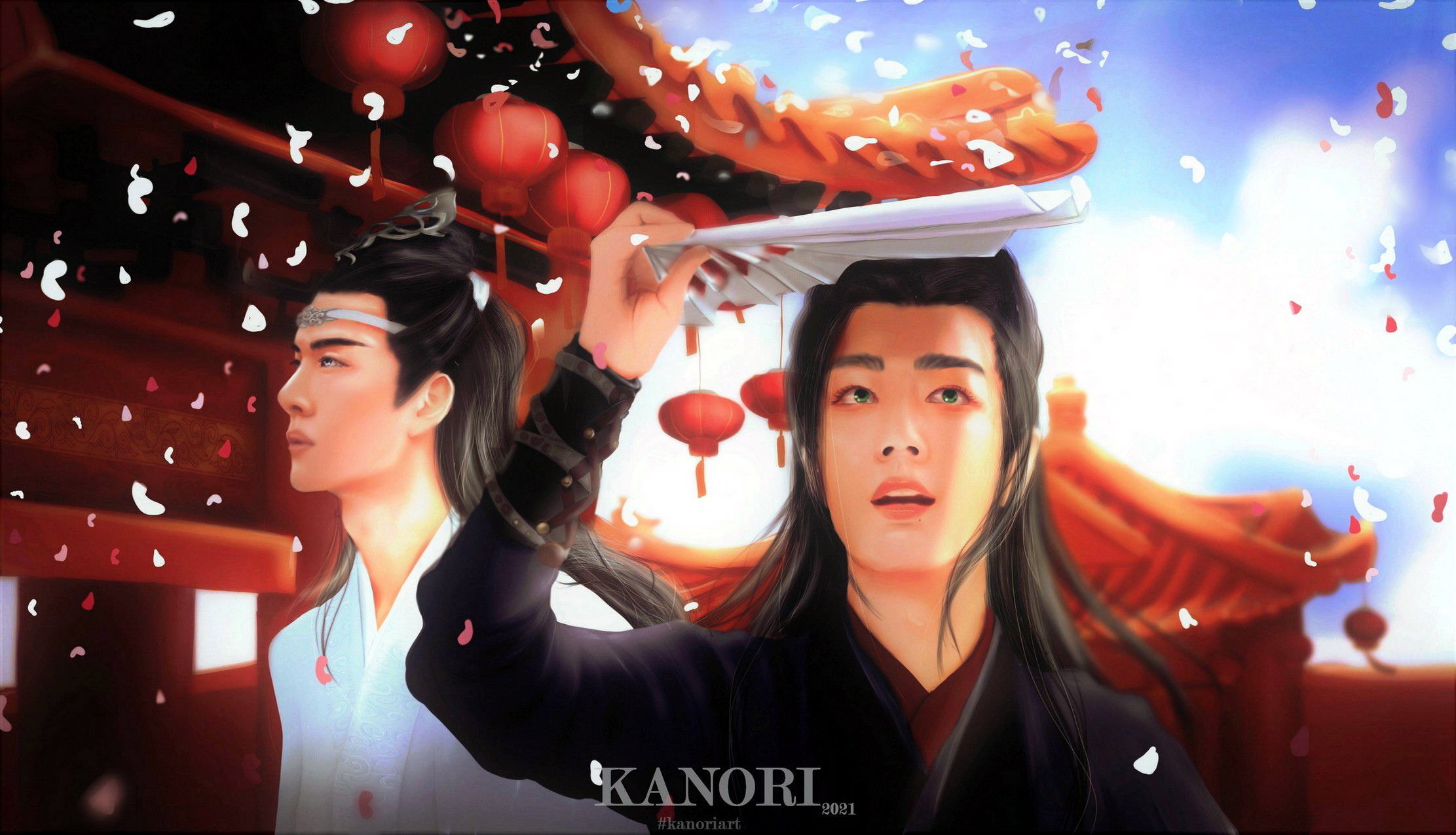 The Untamed: Wei Wuxian and Lan Wangji with falling petals HD Wallpaper