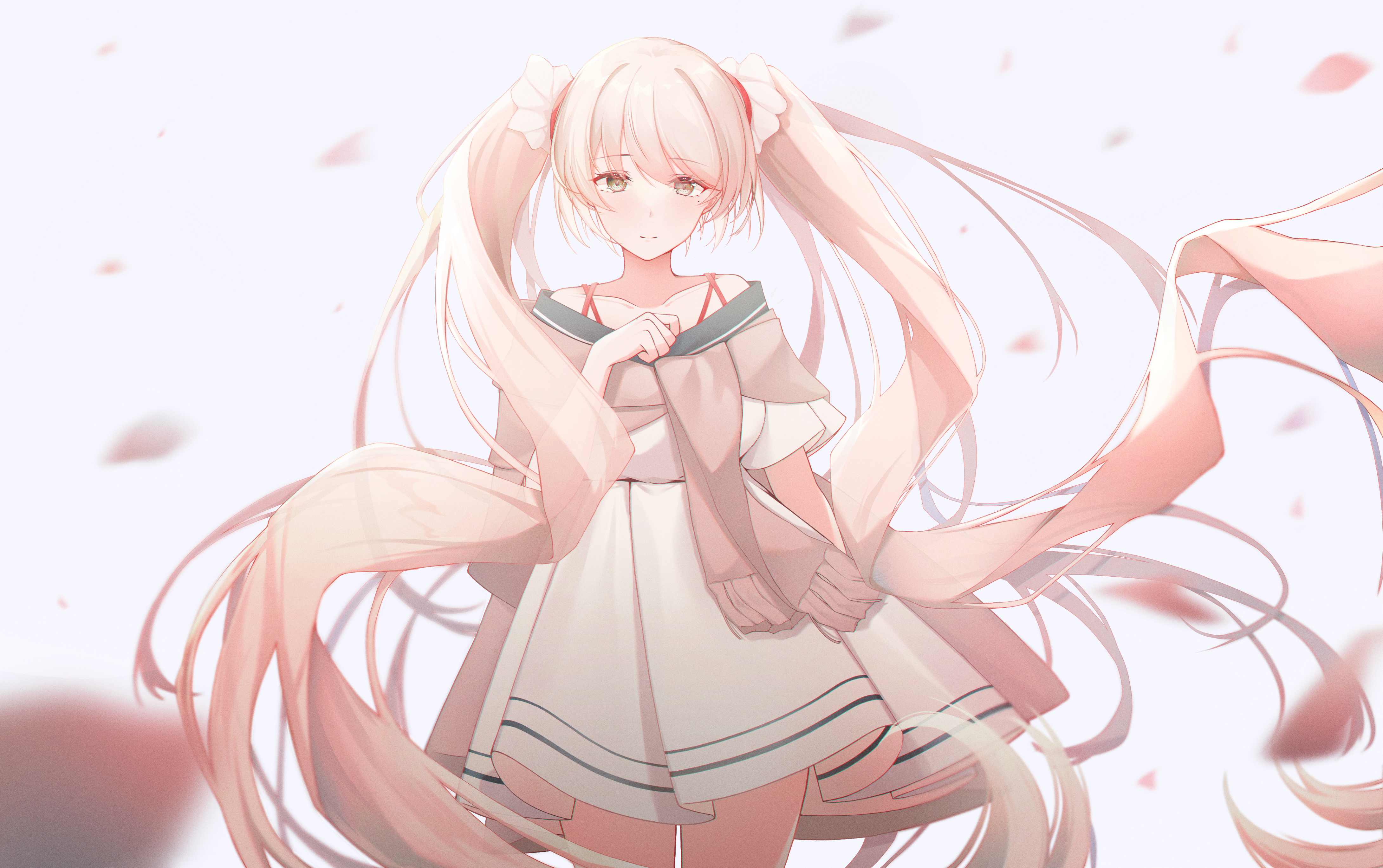 Vocaloid Sakura Miku with flowing hair and cherry blossoms 4K HD Wallpaper