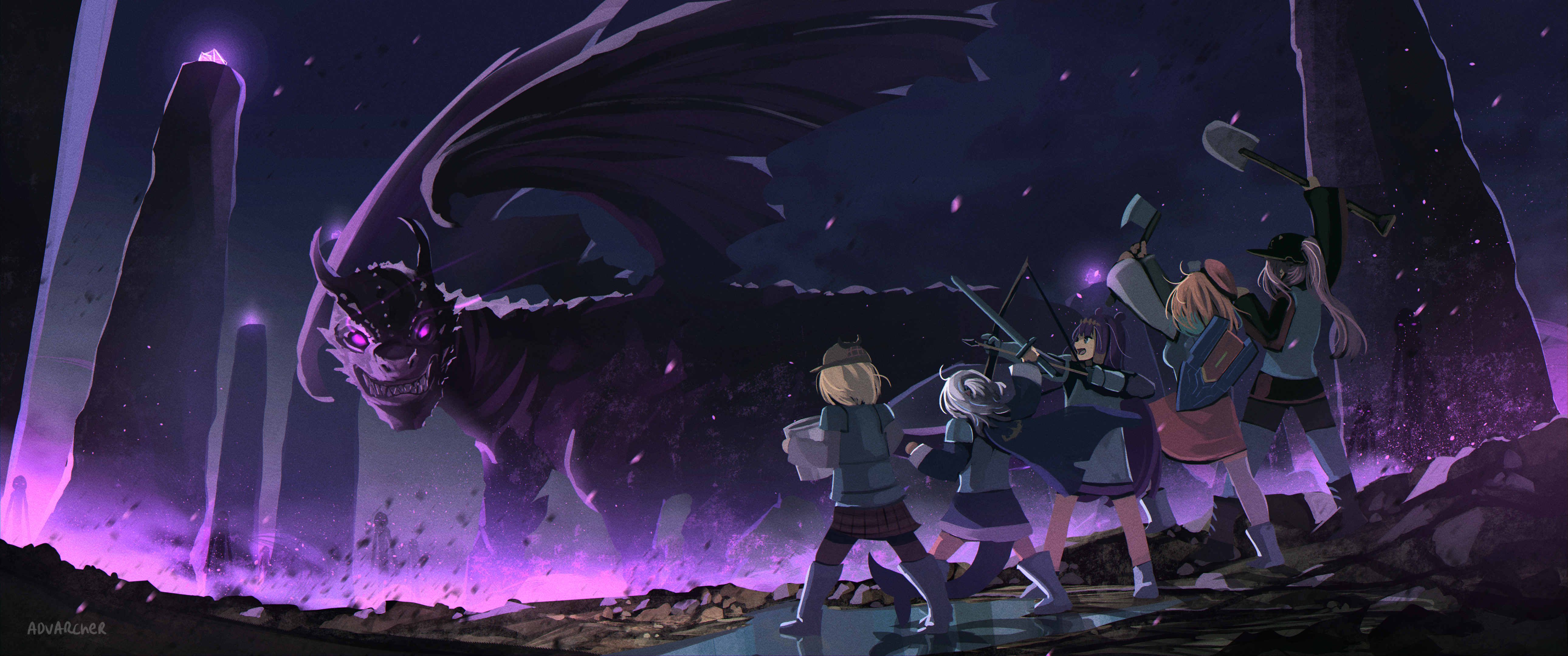Hololive EN confronting the giant purple-eyed dragon HD Wallpaper