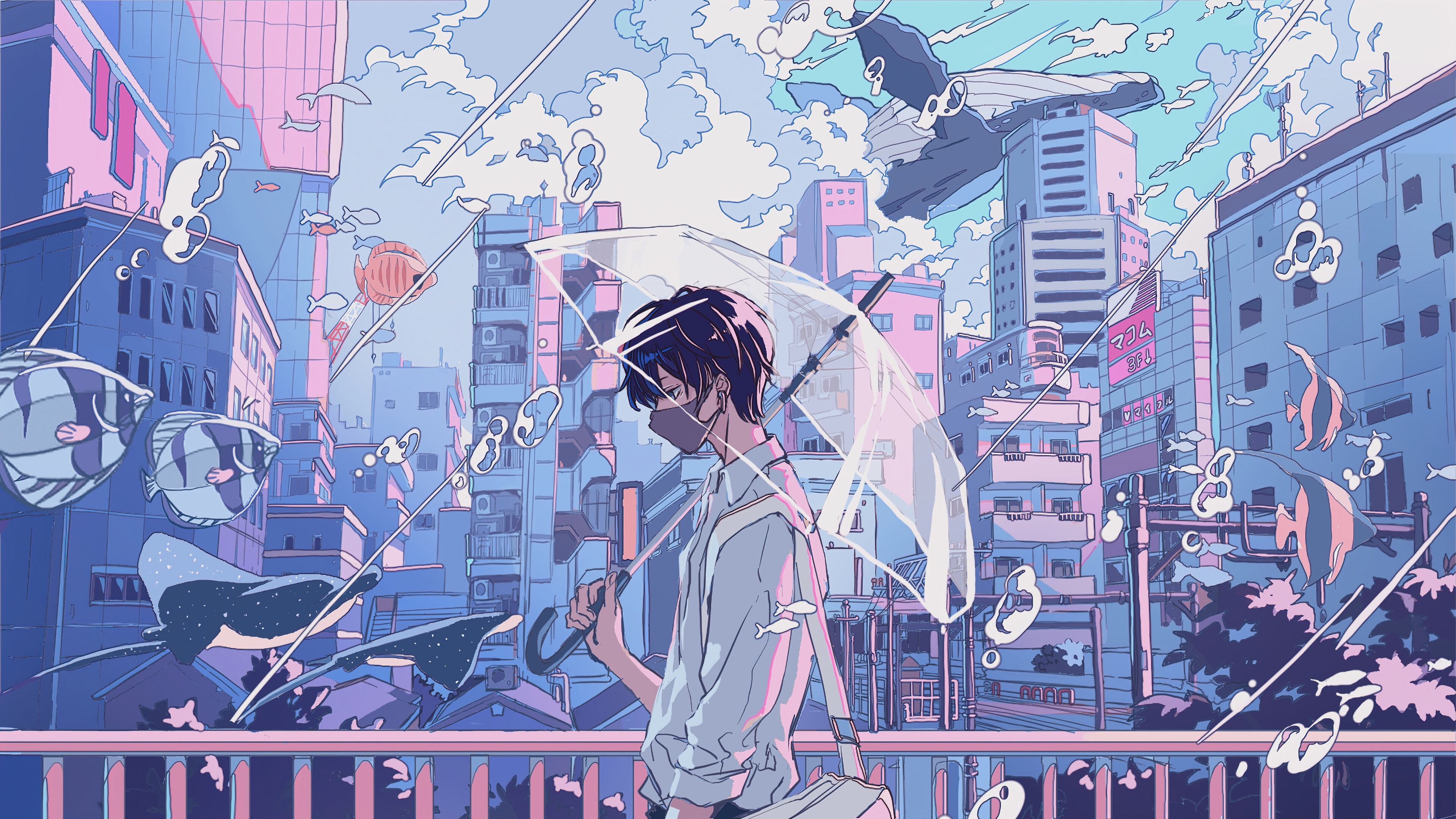 Stylish Boy with Umbrella in Cityscape 4K HD Wallpaper
